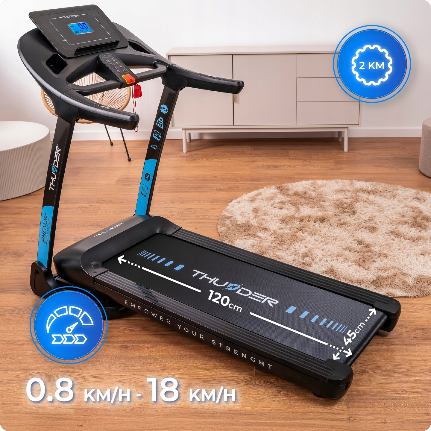 Czarna bieżnia z niebieskimi akcentami. Posiada wyświetlacz cyfrowy. Bieżnia stoi na drewnianej podłodze z dywanem.