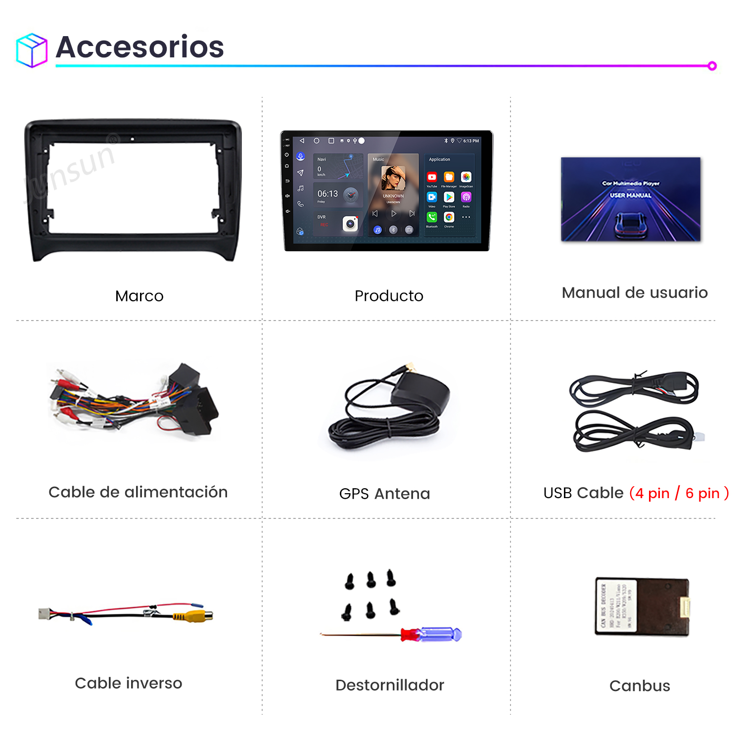 Imagen de accesorios multimedia para automóviles: marco, producto, manual, cable, antena GPS, cable USB, cable inverso, destornillador, Canbus.