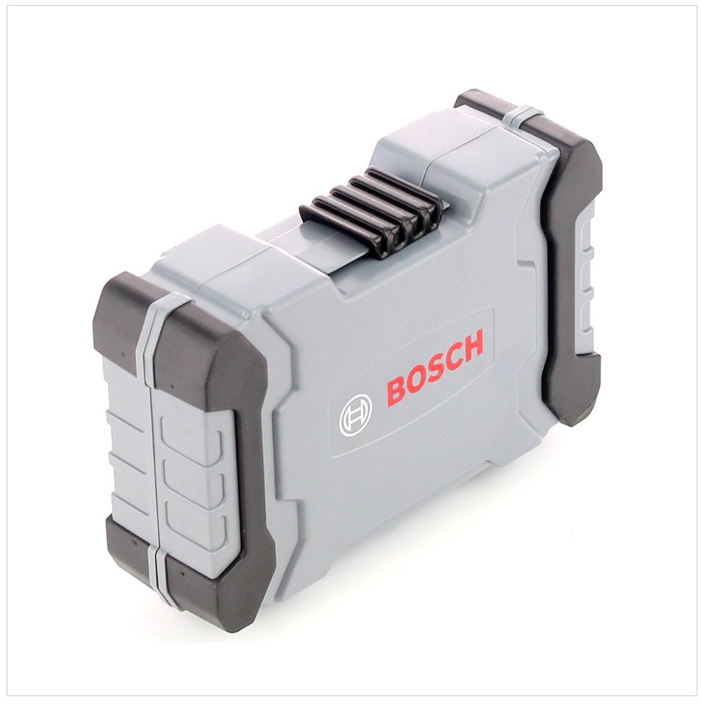 Siyah detaylı gri bir Bosch pil takımı. Bosch logosu kırmızıdır. Takım, tırtıklı üst kısma sahip dikdörtgendir.