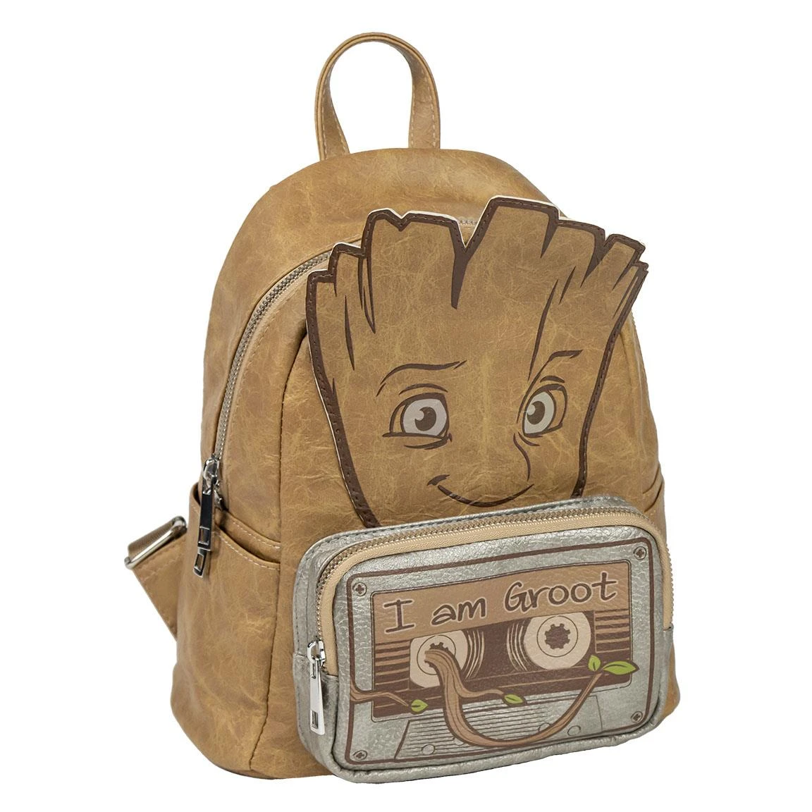 Una mochila marrón con la cara de Groot y un bolsillo de casete que dice 'Yo soy Groot'.