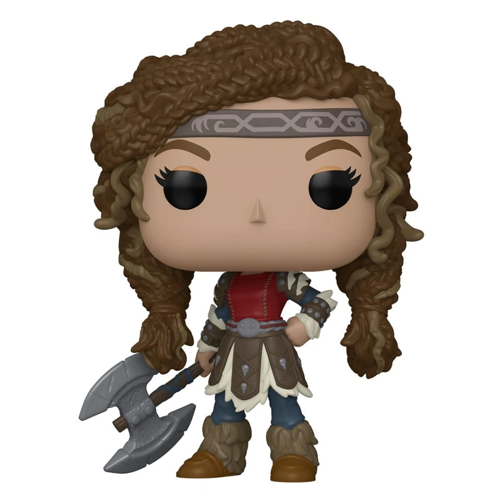 Una figura Funko Pop de una vikinga con un hacha. Tiene cabello castaño, una camisa roja y una falda marrón. Está sobre un fondo blanco.