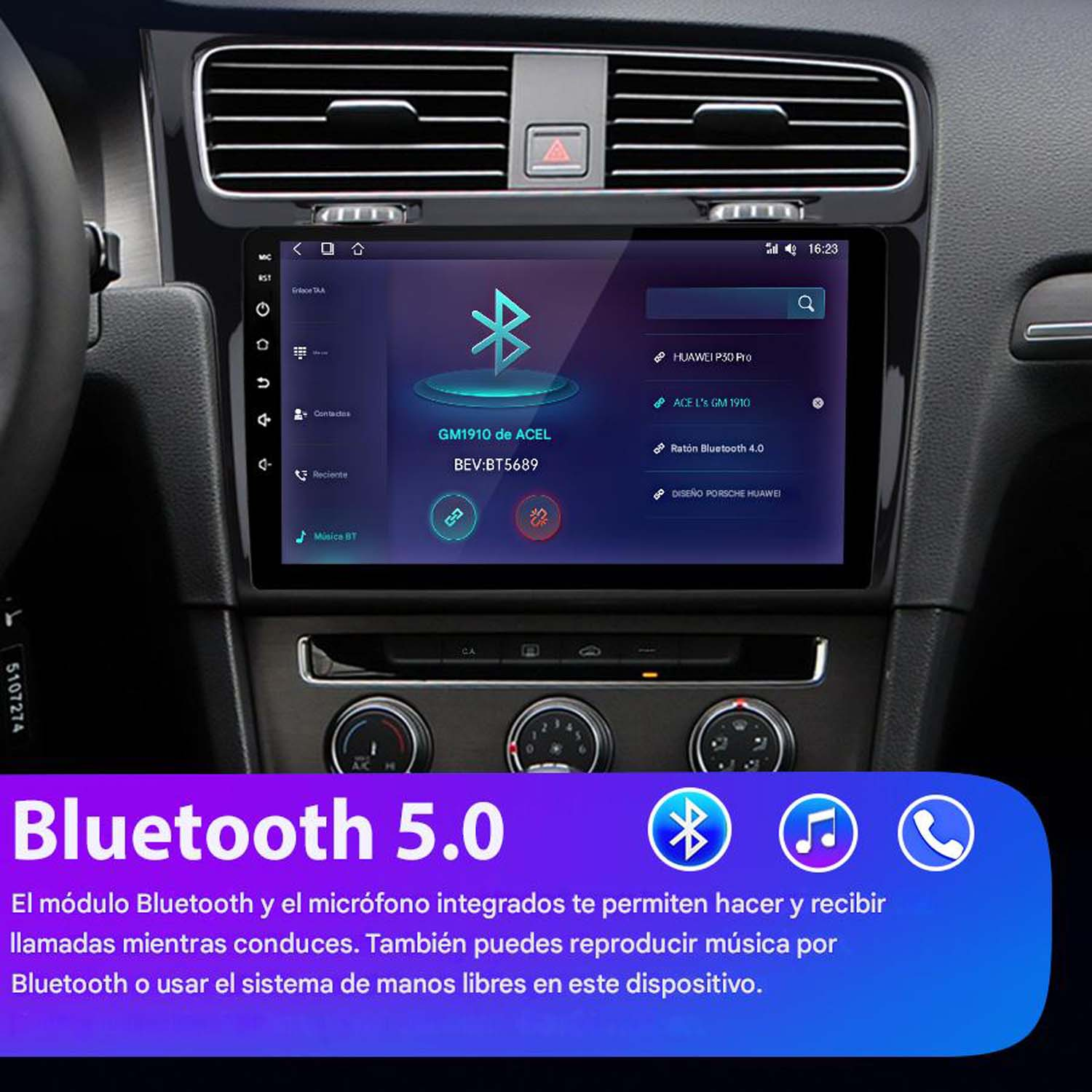 Panel del coche con pantalla táctil. Interfaz Bluetooth visible. El texto dice Bluetooth 5.0 y se muestran otras opciones.