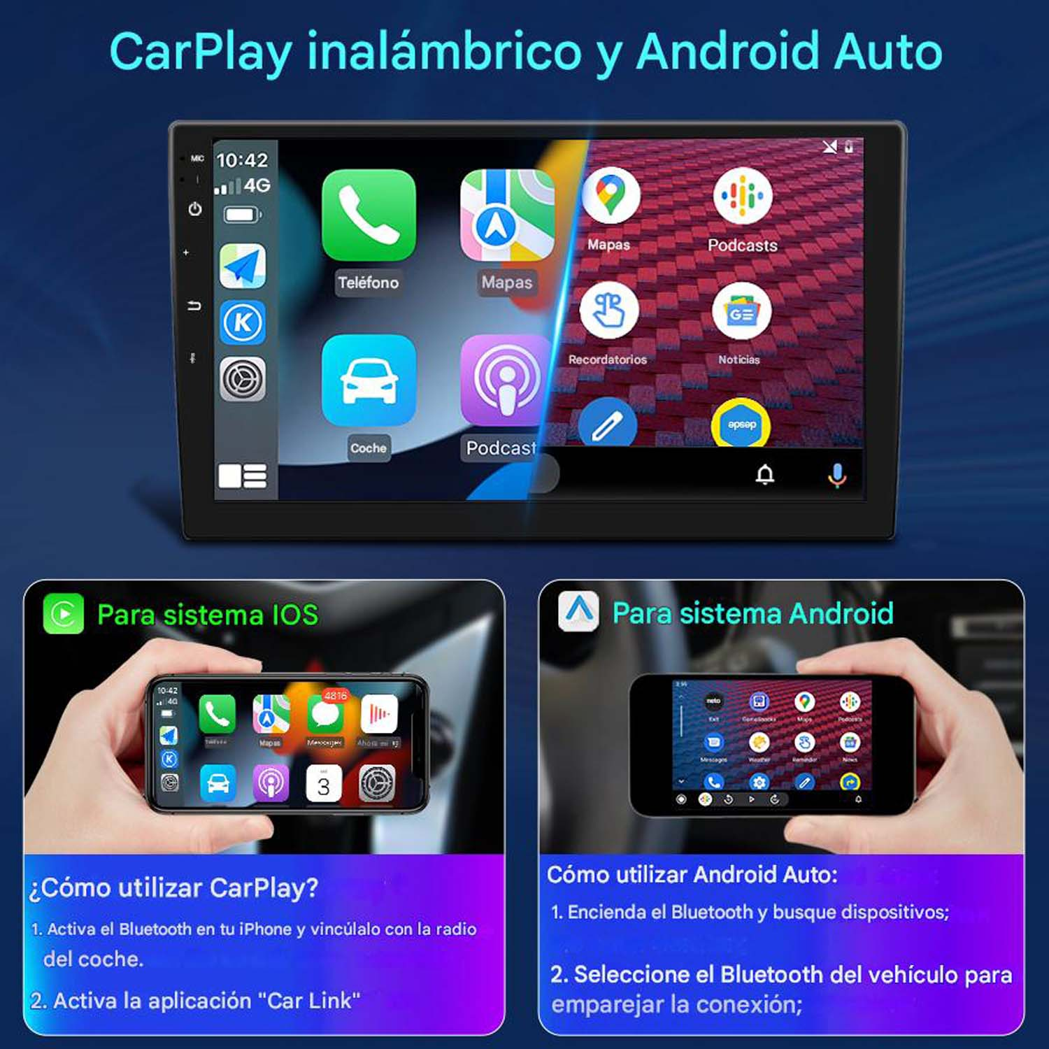 Pantalla de CarPlay y Android Auto. Incluye iconos de teléfono, mapas y podcasts. Muestra instrucciones para sistemas iOS y Android.