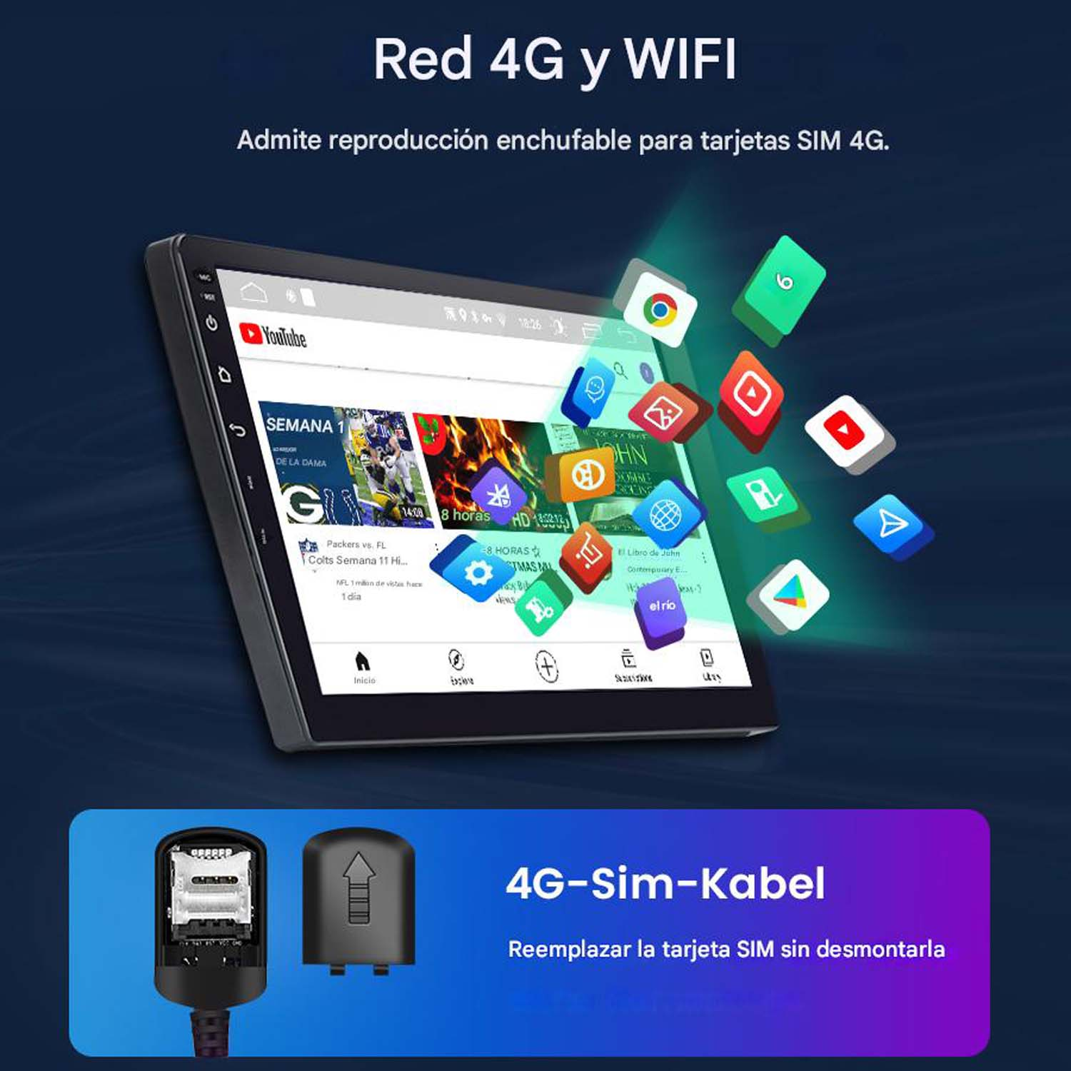 Una pantalla de tableta muestra iconos de aplicaciones y vídeo. Abajo, un lector de tarjetas SIM negro y una cubierta. Texto: 4G-Sim-Kabel.