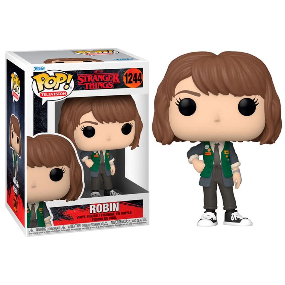 Eine Funko Pop-Figur von Robin aus Stranger Things. Sie trägt eine grüne Weste und einen grauen Anzug. Die Box mit dem Logo der Serie ist auch zu sehen.