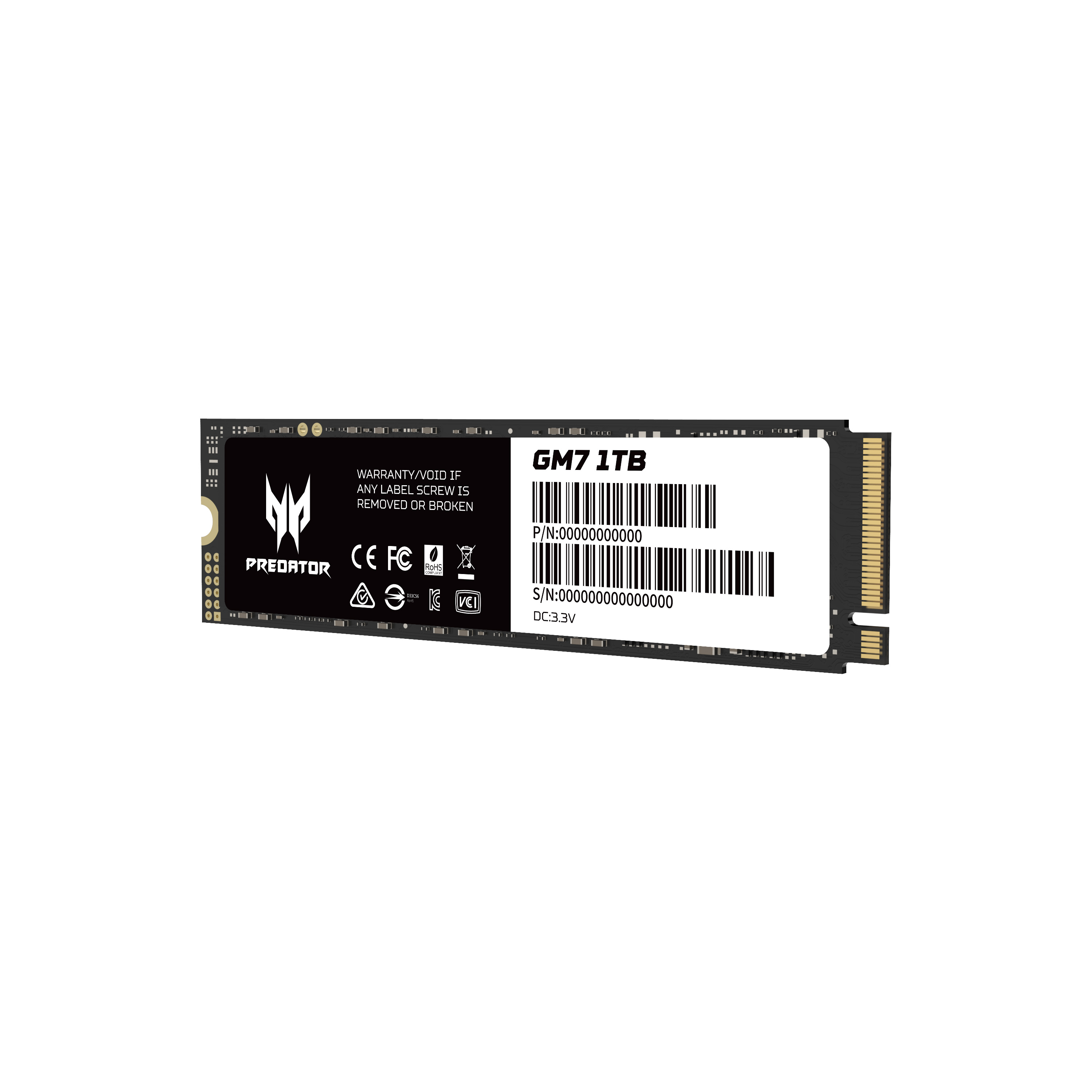 Eine SSD-Festplatte mit dem Predator-Logo. Sie enthält Text zu Garantieinformationen und einen Barcode. Der Hintergrund ist weiß.