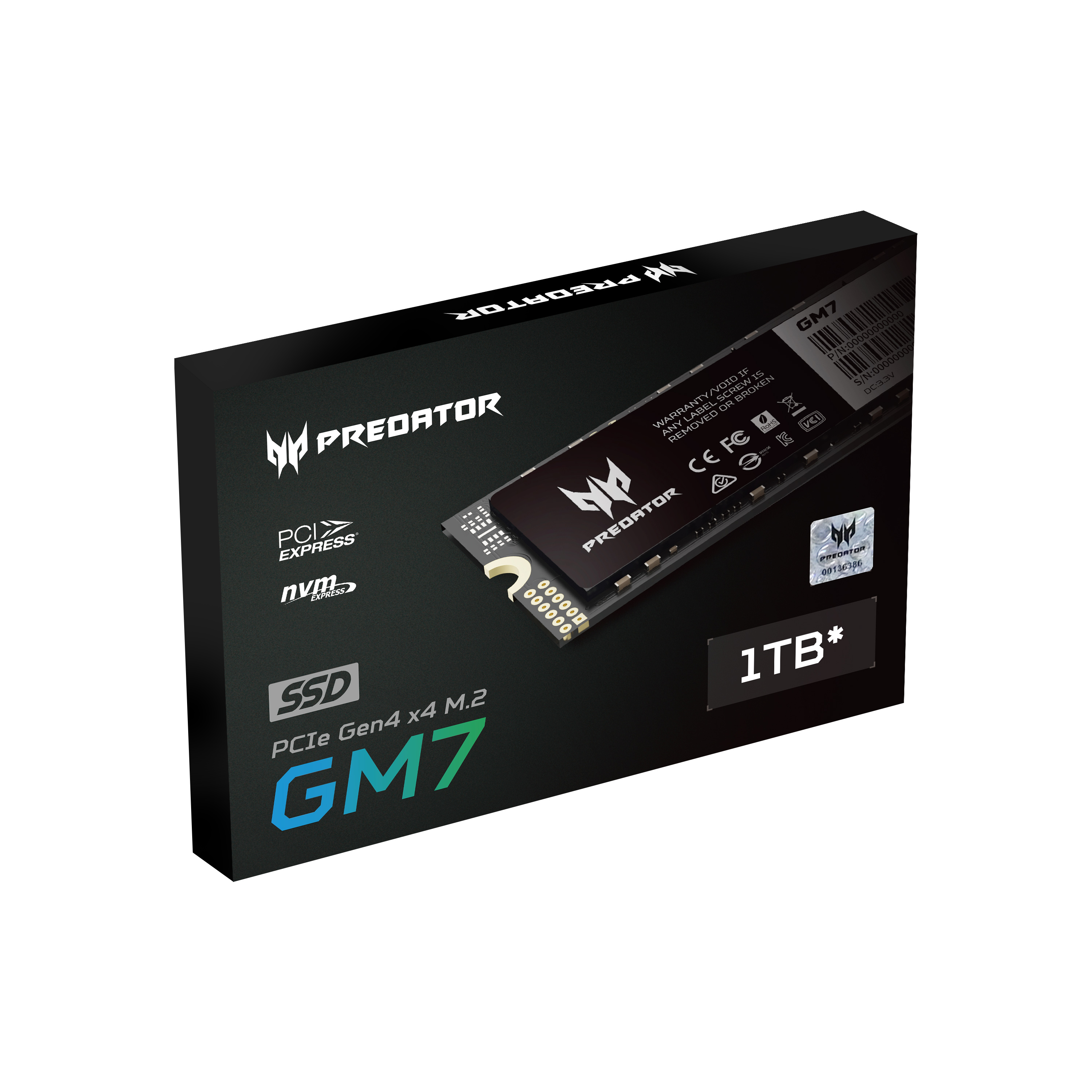Eine schwarze SSD-Box mit dem Predator-Logo, dem Modell GM7 und einer Kapazität von 1 TB wird vor weißem Hintergrund angezeigt.