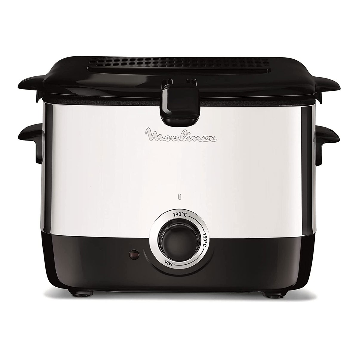 Czarna i srebrna frytkownica Moulinex. Ma czarną pokrywę i podstawę ze srebrnym korpusem. Pokrętło temperatury znajduje się z przodu.