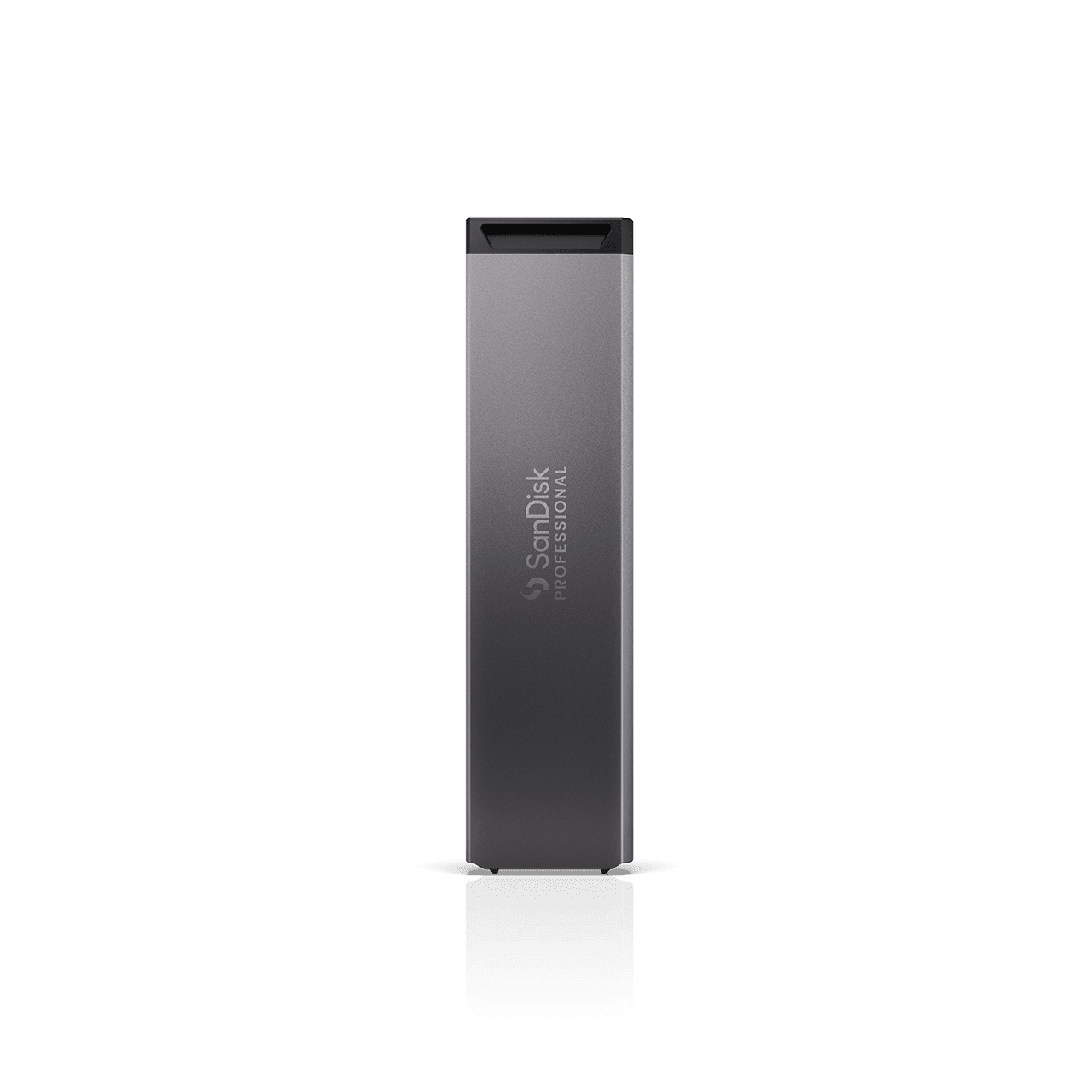 Ein silberner SanDisk Professional USB-Stick steht aufrecht auf einer weißen Oberfläche. Der Stick hat eine schwarze Oberseite und das SanDisk-Logo.