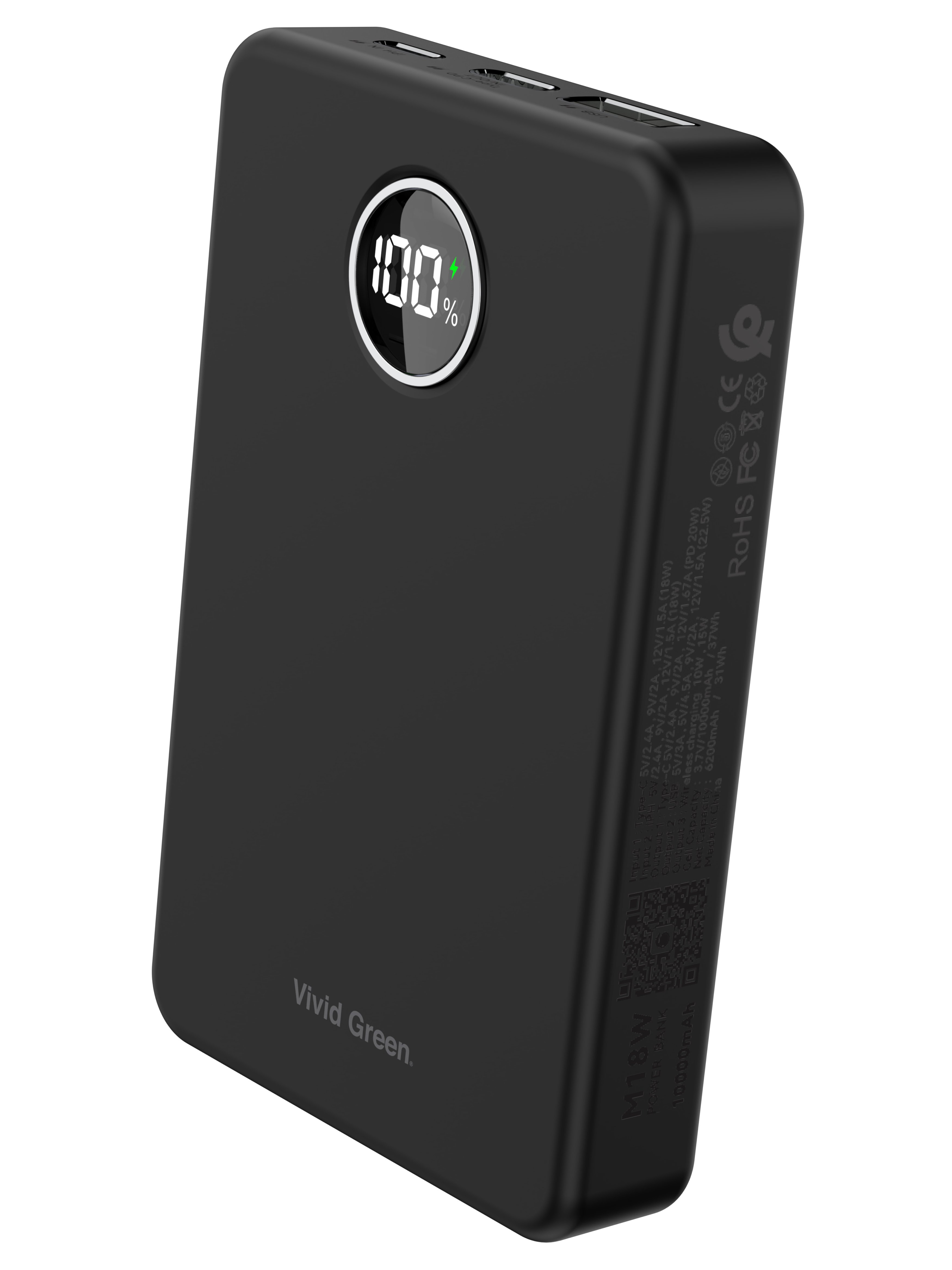 Batterie externe noire avec un affichage numérique indiquant 100%. Le logo Vivid Green est sur le devant.