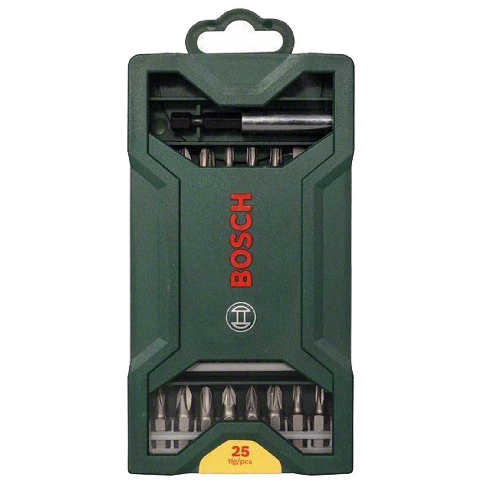 Ein grünes Bosch Schraubendreher-Bit-Set. Es enthält verschiedene Bits in einem grünen Gehäuse mit Bosch-Logo und 25 tlg/Stk.