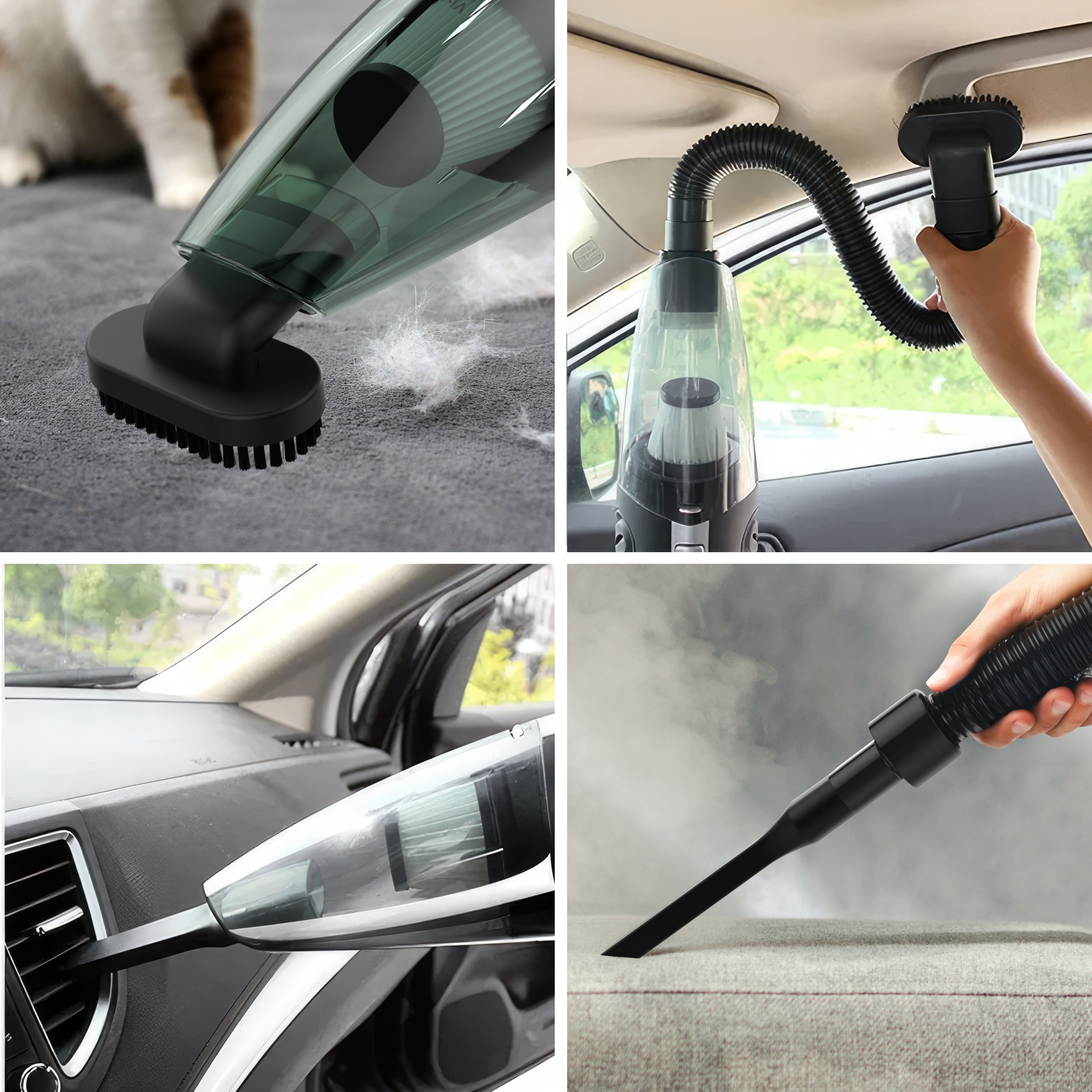 Un aspirateur à main est utilisé pour nettoyer une voiture. L'aspirateur est noir et transparent, et il y a plusieurs prises de vue.