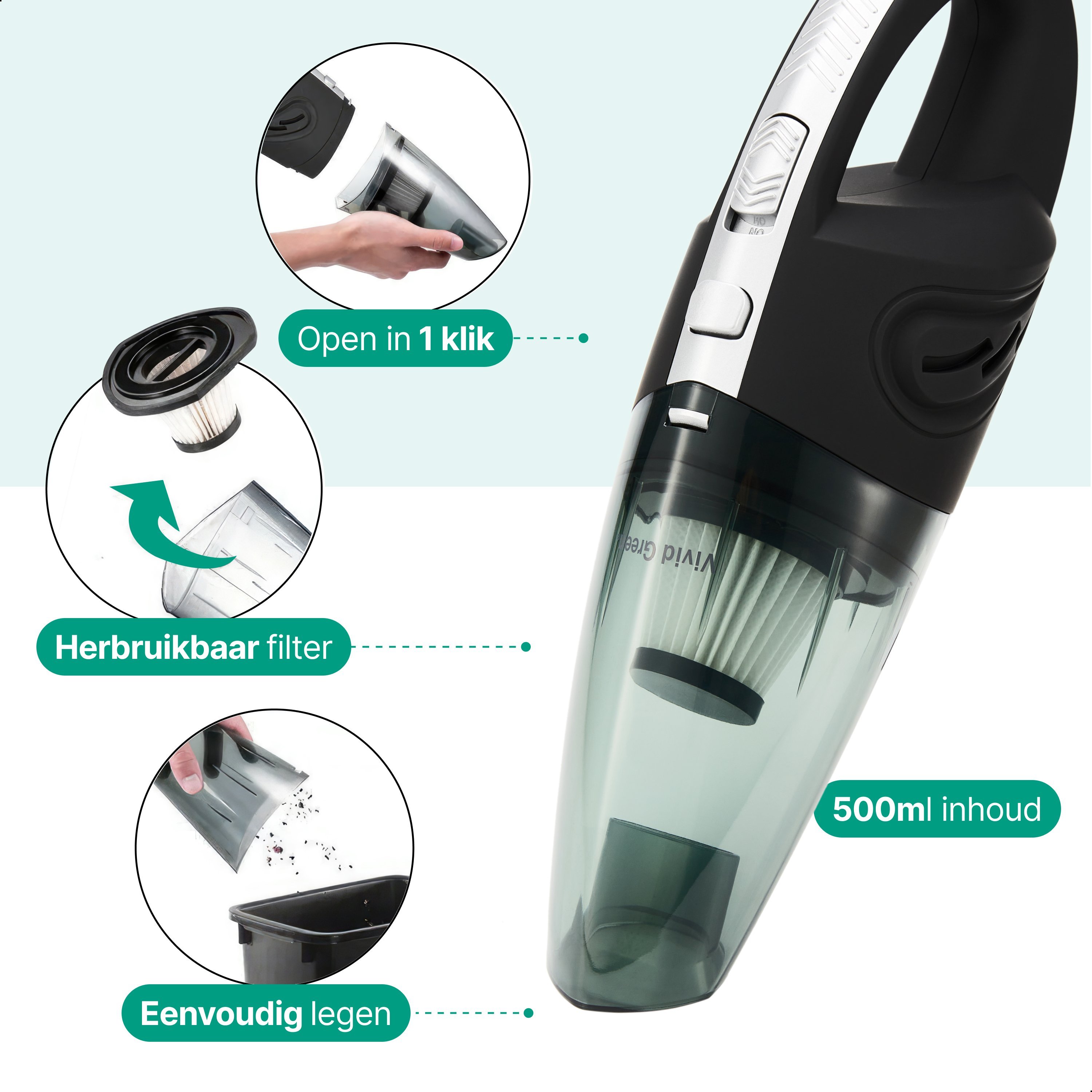 Un aspirateur à main montrant son filtre, ses pièces et ses caractéristiques, avec des étiquettes en néerlandais.