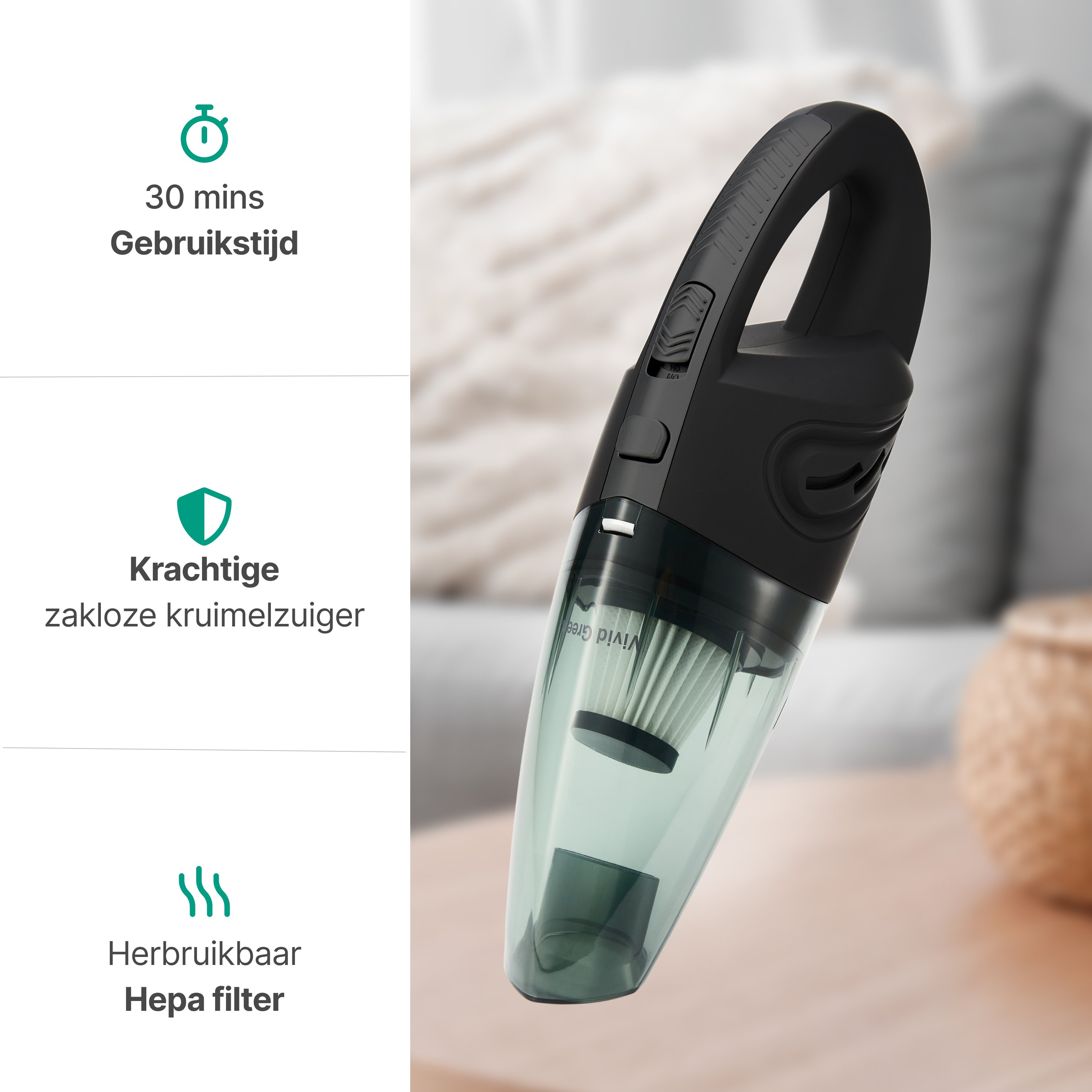 A black and green handheld vacuum cleaner. It has a handle and a transparent dust container. Text elements are on the left.