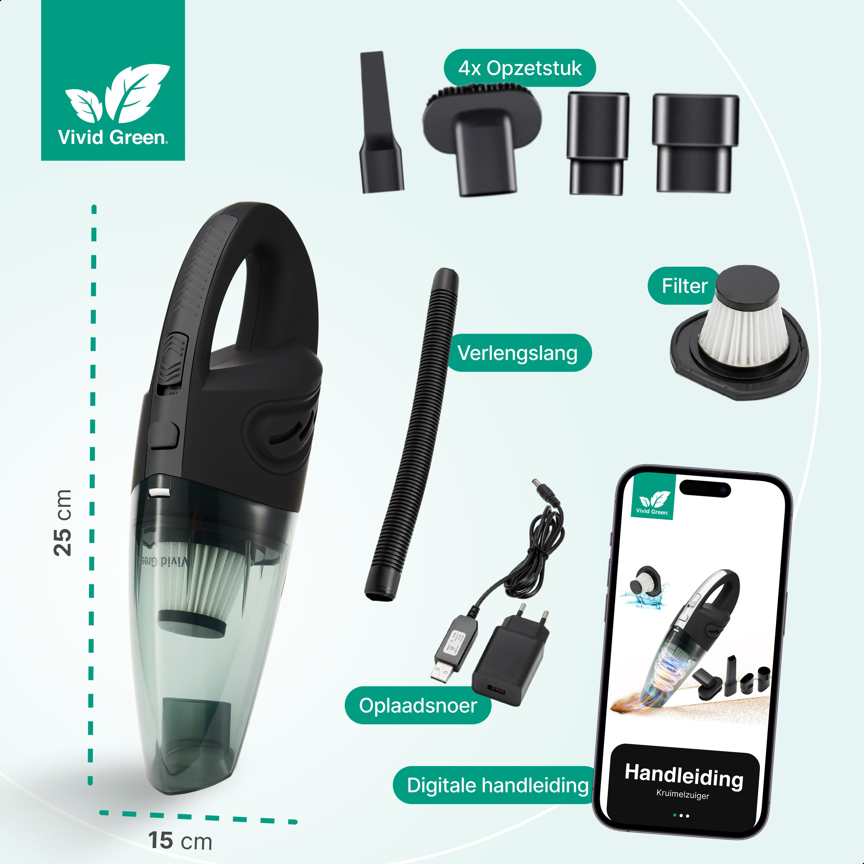 A black handheld vacuum cleaner with accessories, a filter, and a smartphone showing a vacuum cleaner image.