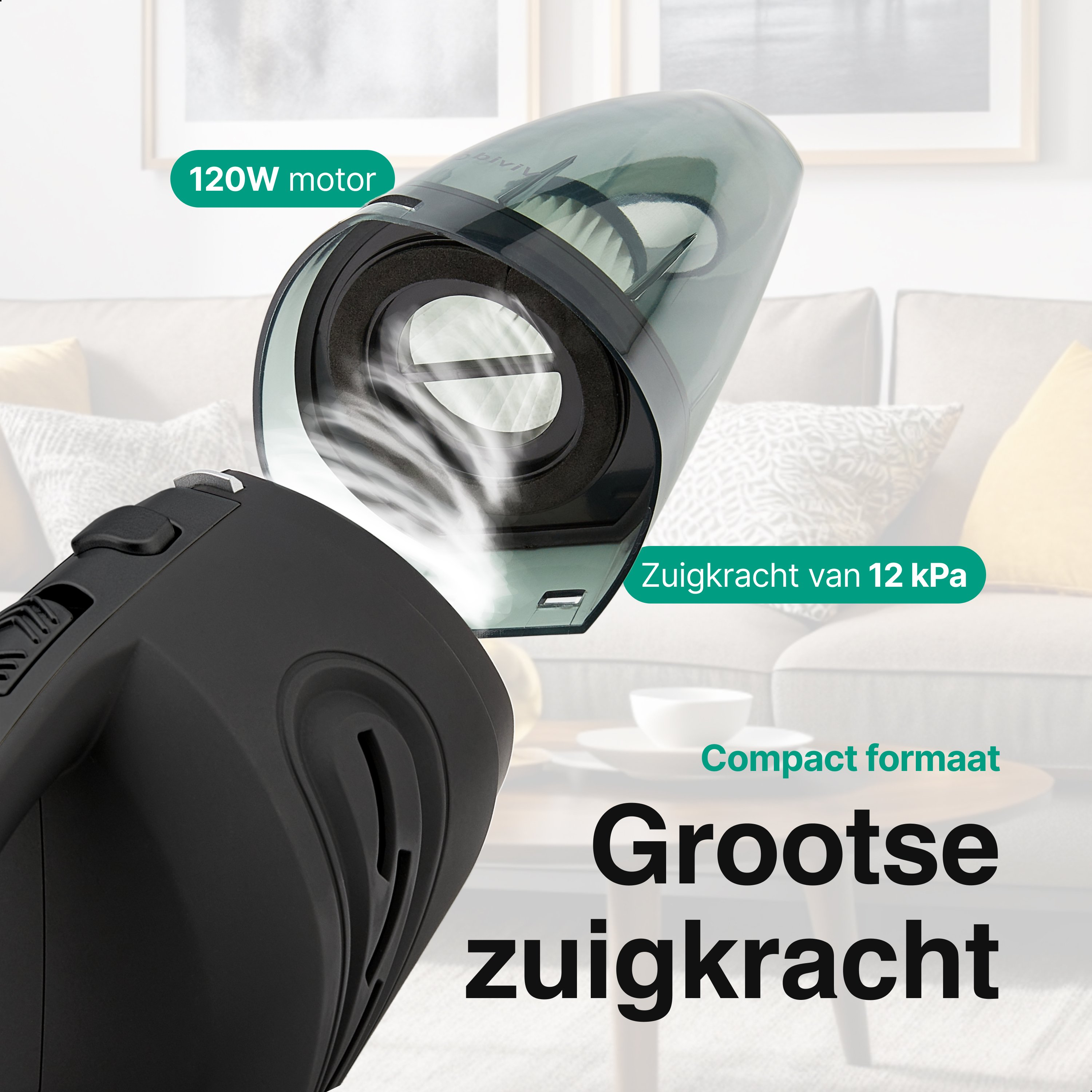 Black handheld vacuum cleaner with transparent dustbin, features 120W motor and 12 kPa suction power,  and the words 'Compact formaat'.
