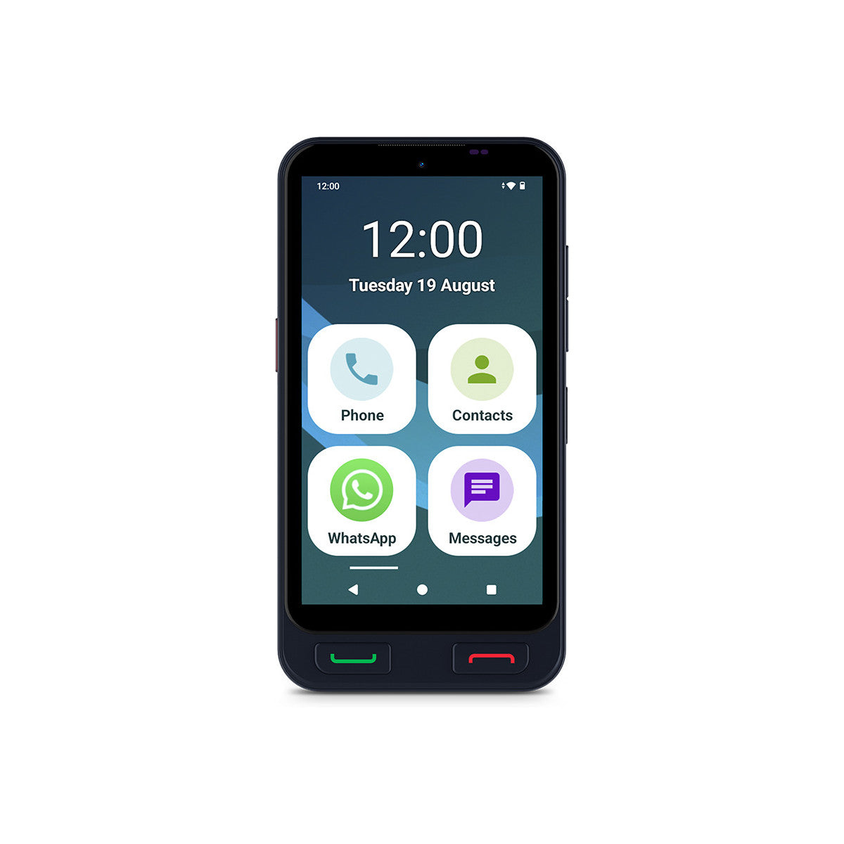 Ein Smartphone zeigt die Uhrzeit und vier App-Symbole: Telefon, Kontakte, WhatsApp und Nachrichten. Das Telefon hat einen dunkelblauen Rahmen.