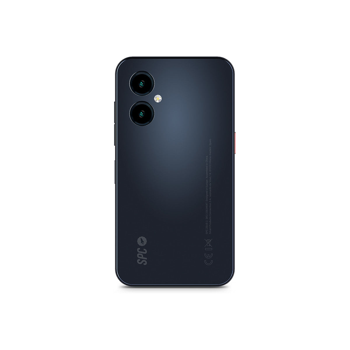 Ein schwarzes Smartphone mit zwei Kameralinsen. Das Telefon hat das SPC-Logo und anderen Text auf der Rückseite. Es befindet sich auf weißem Hintergrund.