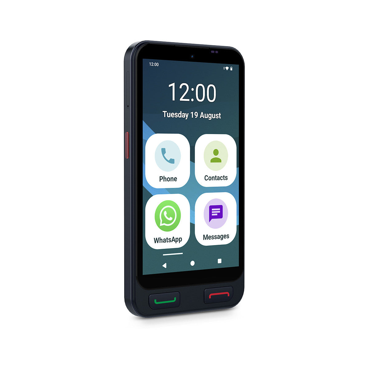 Ein Smartphone zeigt die Uhrzeit 12:00 Uhr, Dienstag, 19. August. Es hat Symbole für Telefon, Kontakte, WhatsApp und Nachrichten auf dem Bildschirm.