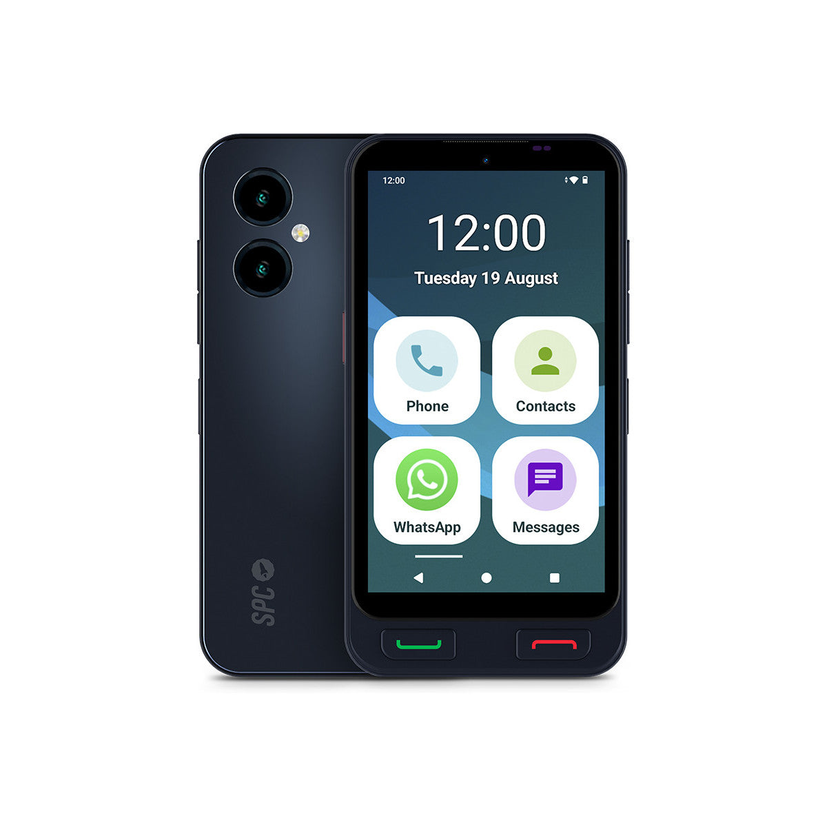 Zwei dunkelblaue Smartphones. Eines zeigt die Uhrzeit und App-Symbole an. Das andere Telefon zeigt die Kamera. Der Hintergrund ist weiß.