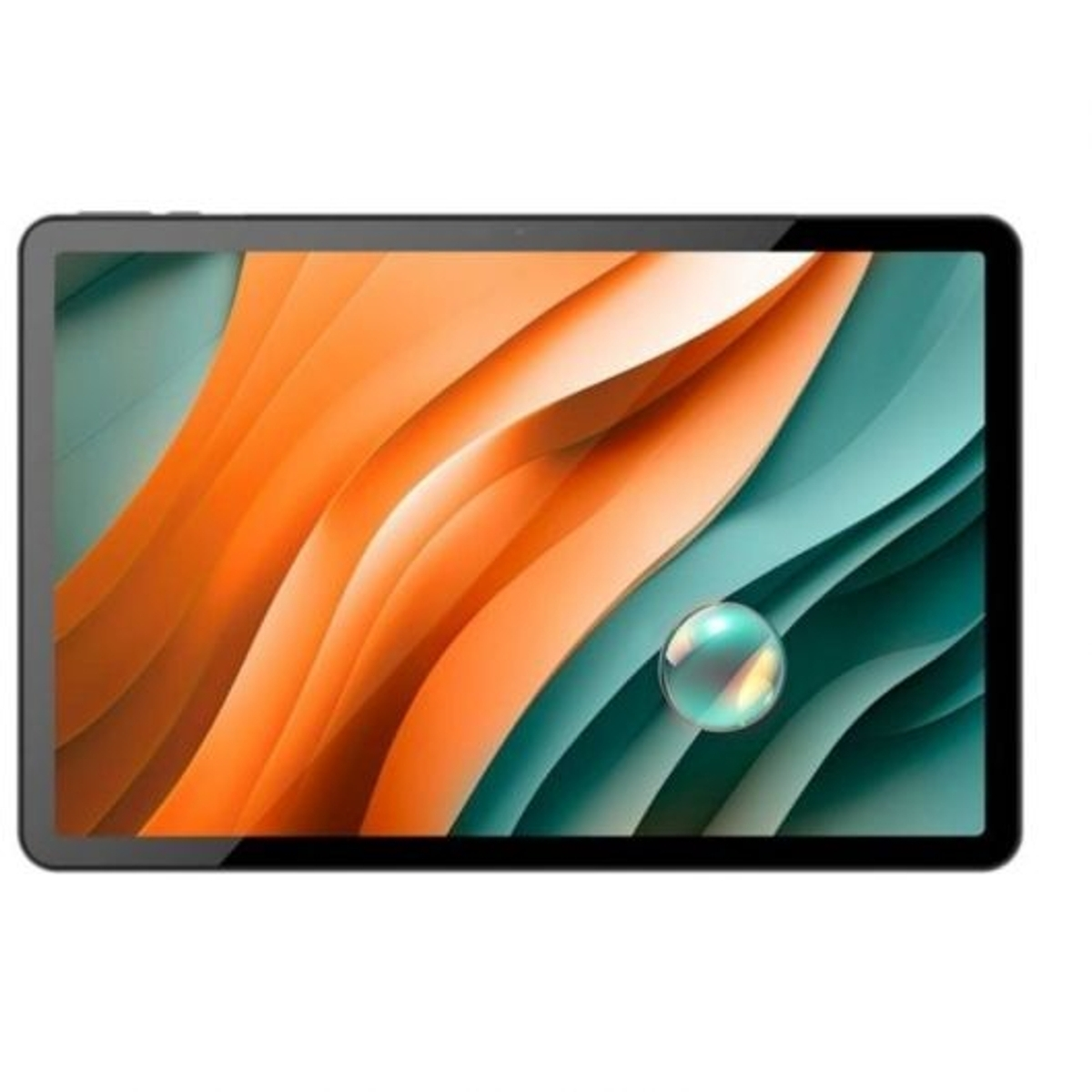 Un tablet mostra motivi ondulati arancioni e verde acqua con una sfera lucida a forma di bolla. Ha una cornice nera.