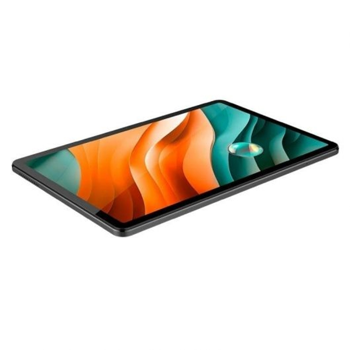 Un tablet con cornice nera. Lo schermo mostra un'immagine digitale con forme arancioni, verdi e bianche.