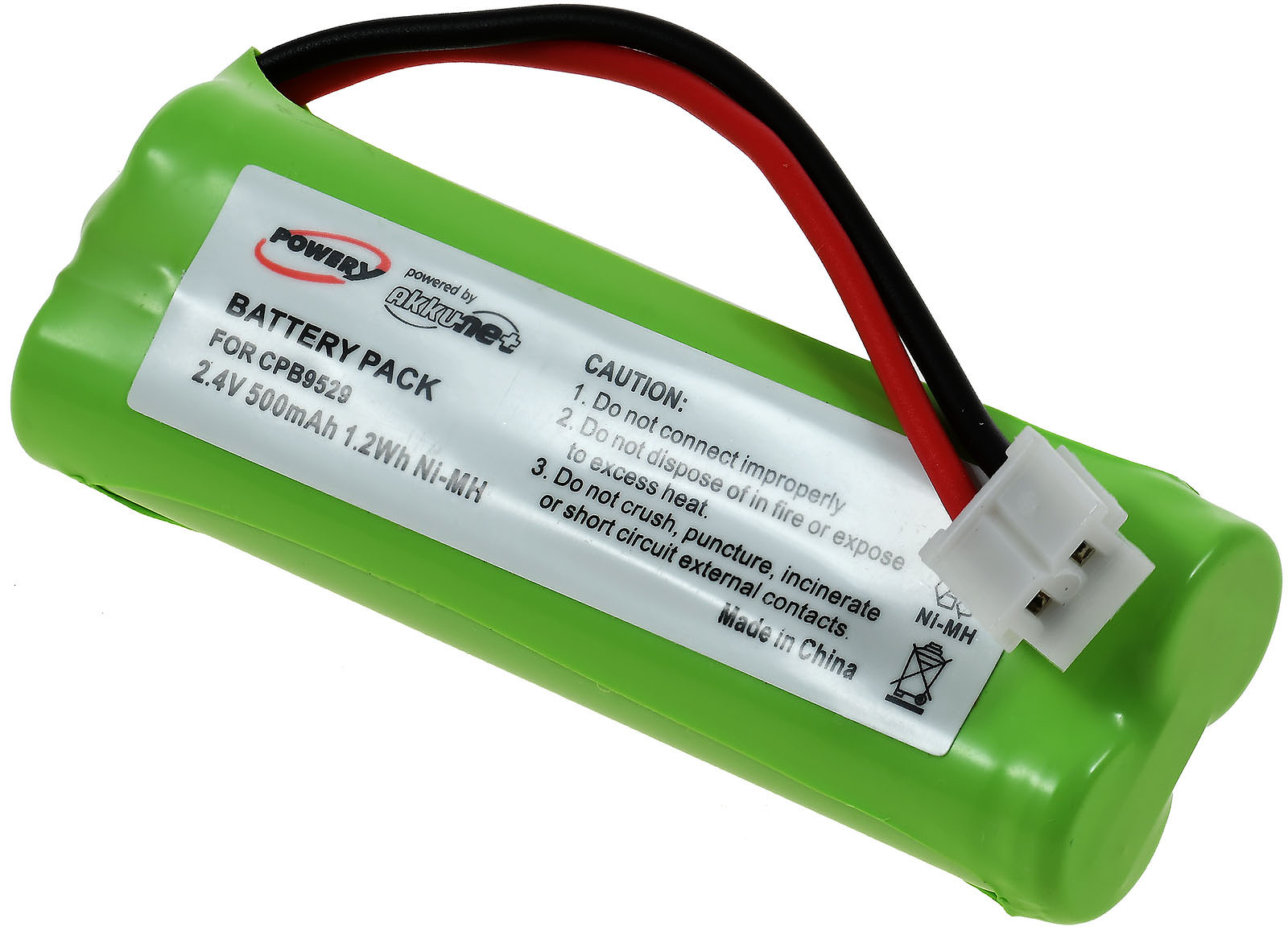 Grüner Akku mit schwarzen und roten Drähten und einem weißen Stecker. Auf dem Etikett steht 'BATTERY PACK' und 'Made in China'.