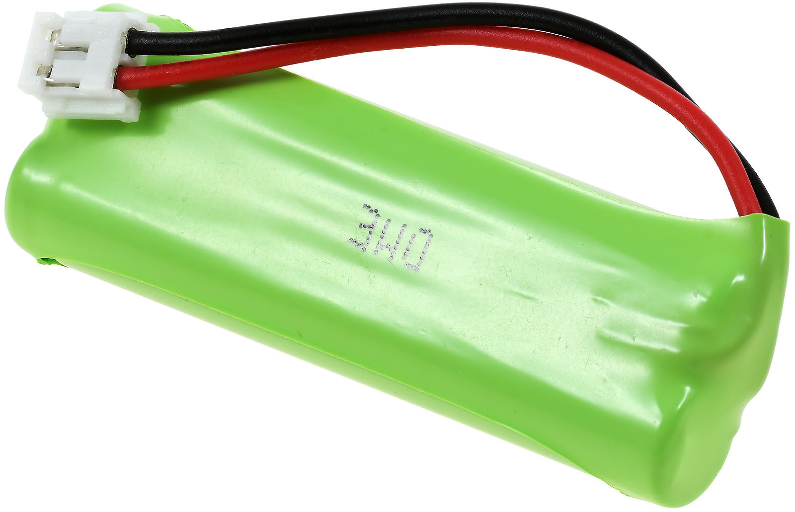 Ein grüner Akku mit schwarzen und roten Drähten, die mit einem weißen Stecker verbunden sind. Der Akku hat die Nummer '340'.