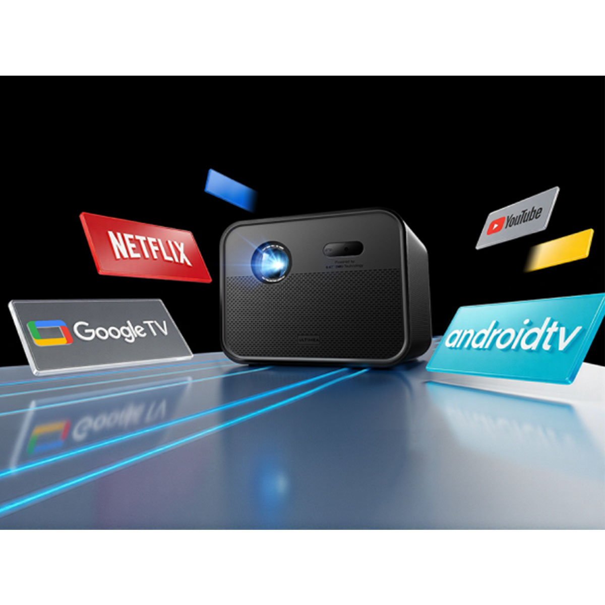 Czarny projektor z logo usług streamingowych. Logo Netflix, Google TV, YouTube i Android TV unoszą się wokół projektora.