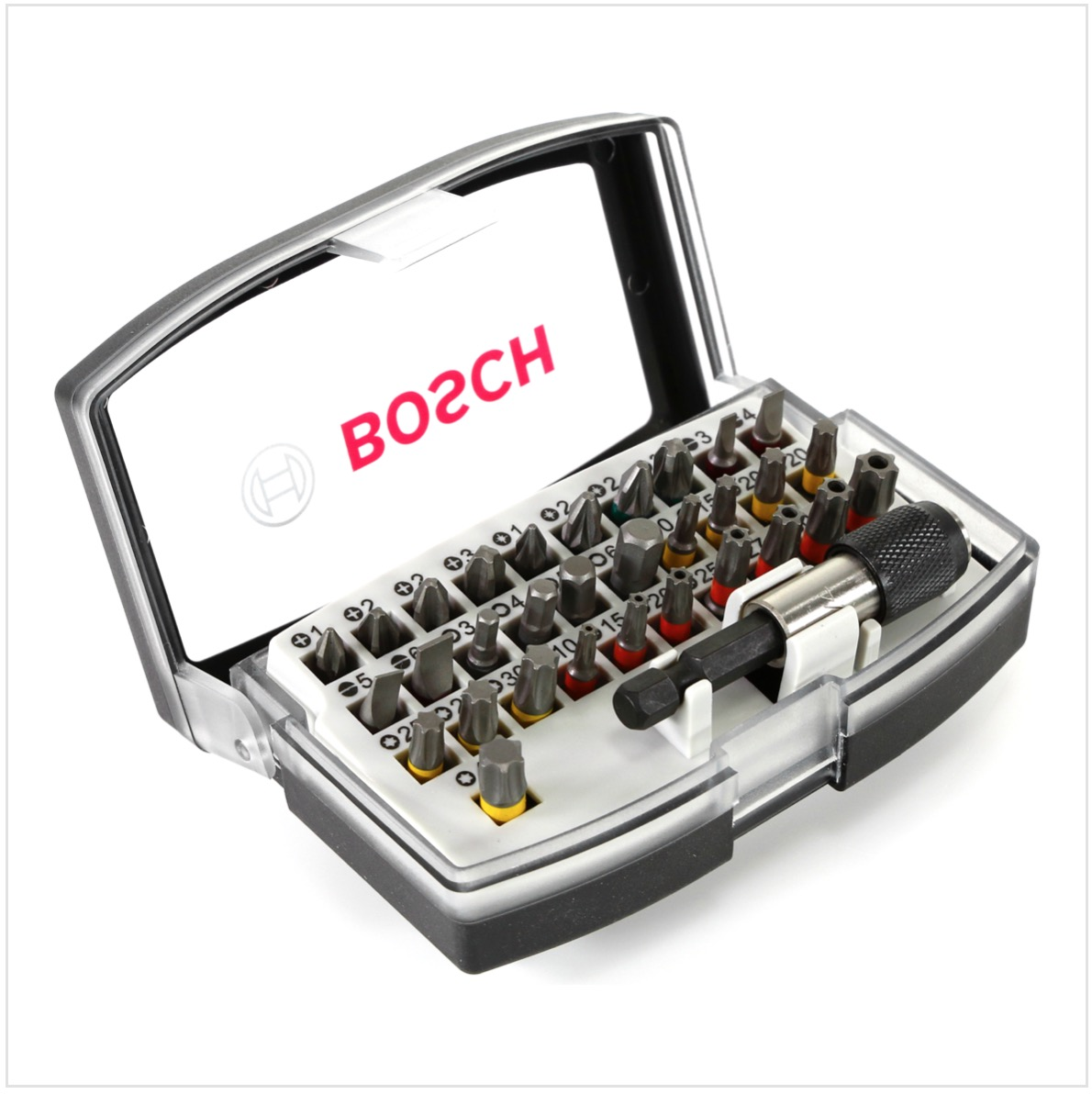 Bosch uçları içeren açık kasa. Kasa siyah ve şeffaf, içi beyazdır. Uçlar gri, kırmızı ve sarıdır.