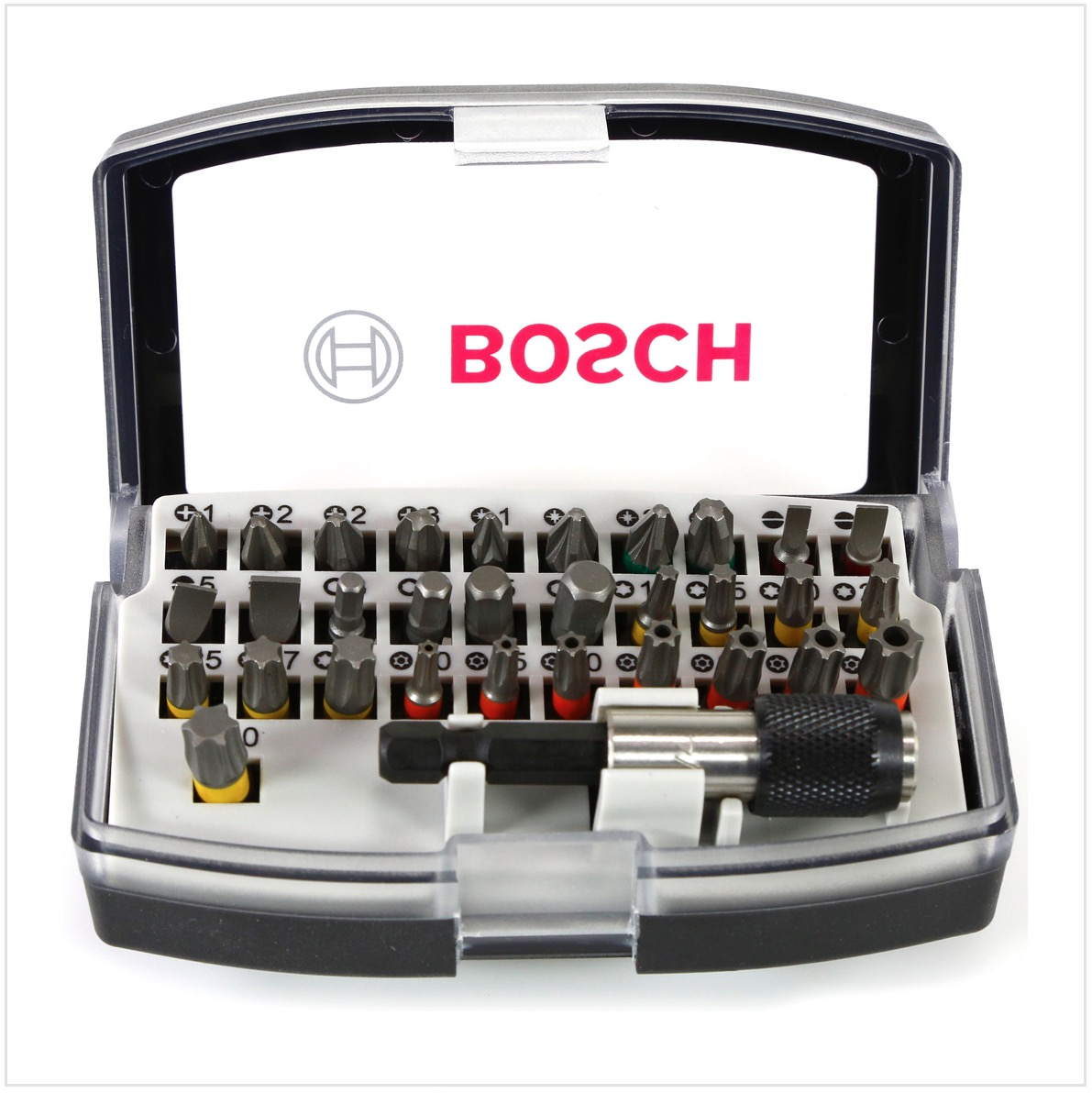 Offener Bosch Schraubendreher-Bit-Satz. Verschiedene Stahlbits in einem transparenten Kunststoffkoffer, mit dem roten Bosch-Logo.