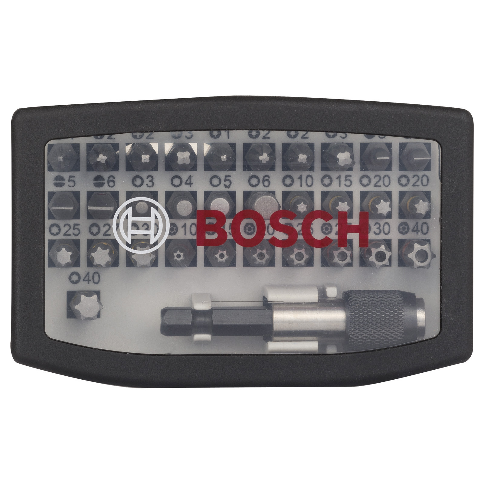 Ein Bosch-Schraubendreher-Set. Es hat ein schwarzes Gehäuse mit mehreren Bits. Das Bosch-Logo ist sichtbar.