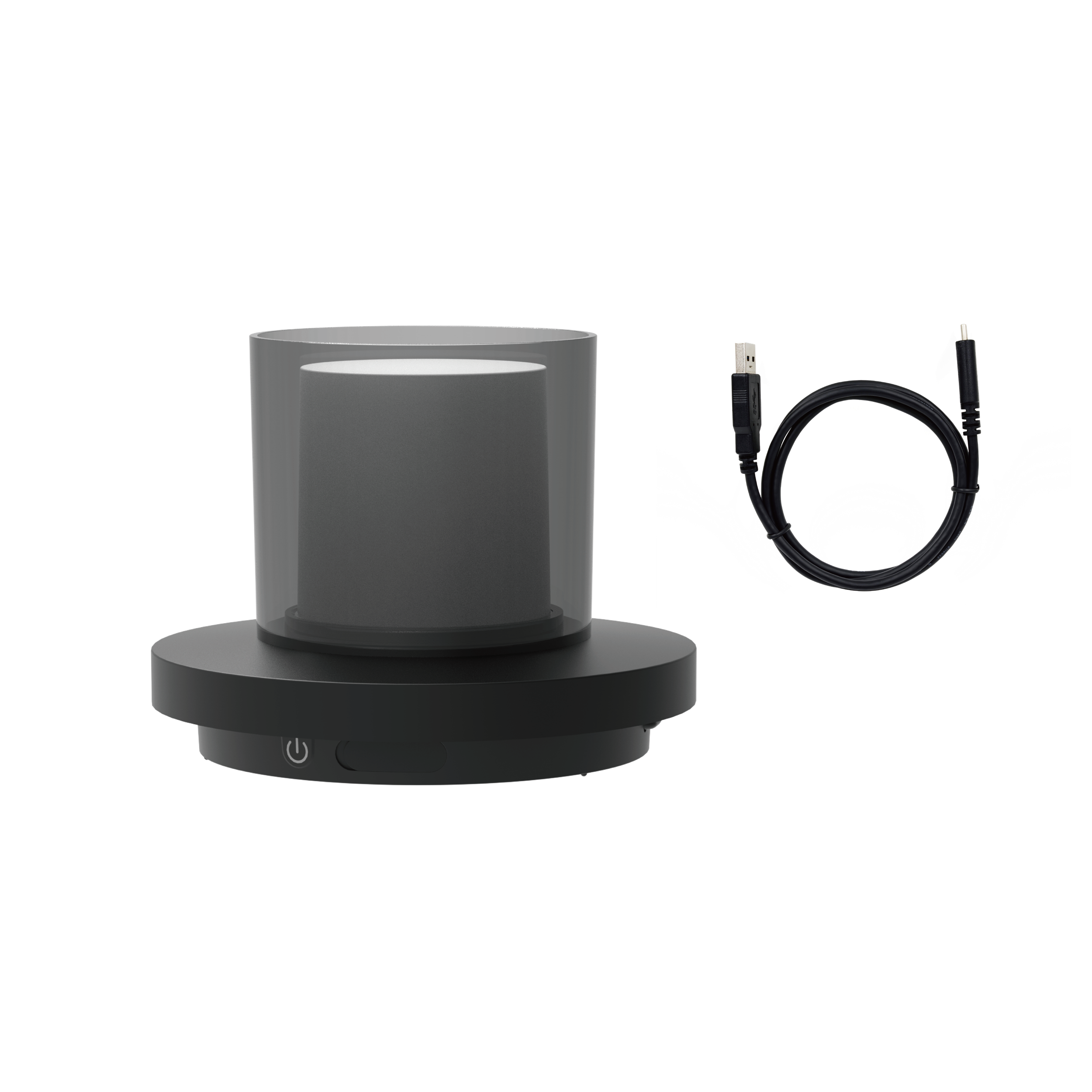 Ein schwarzes zylinderförmiges Gerät mit Glasabdeckung und USB-Kabel, alles auf schwarzem Hintergrund.
