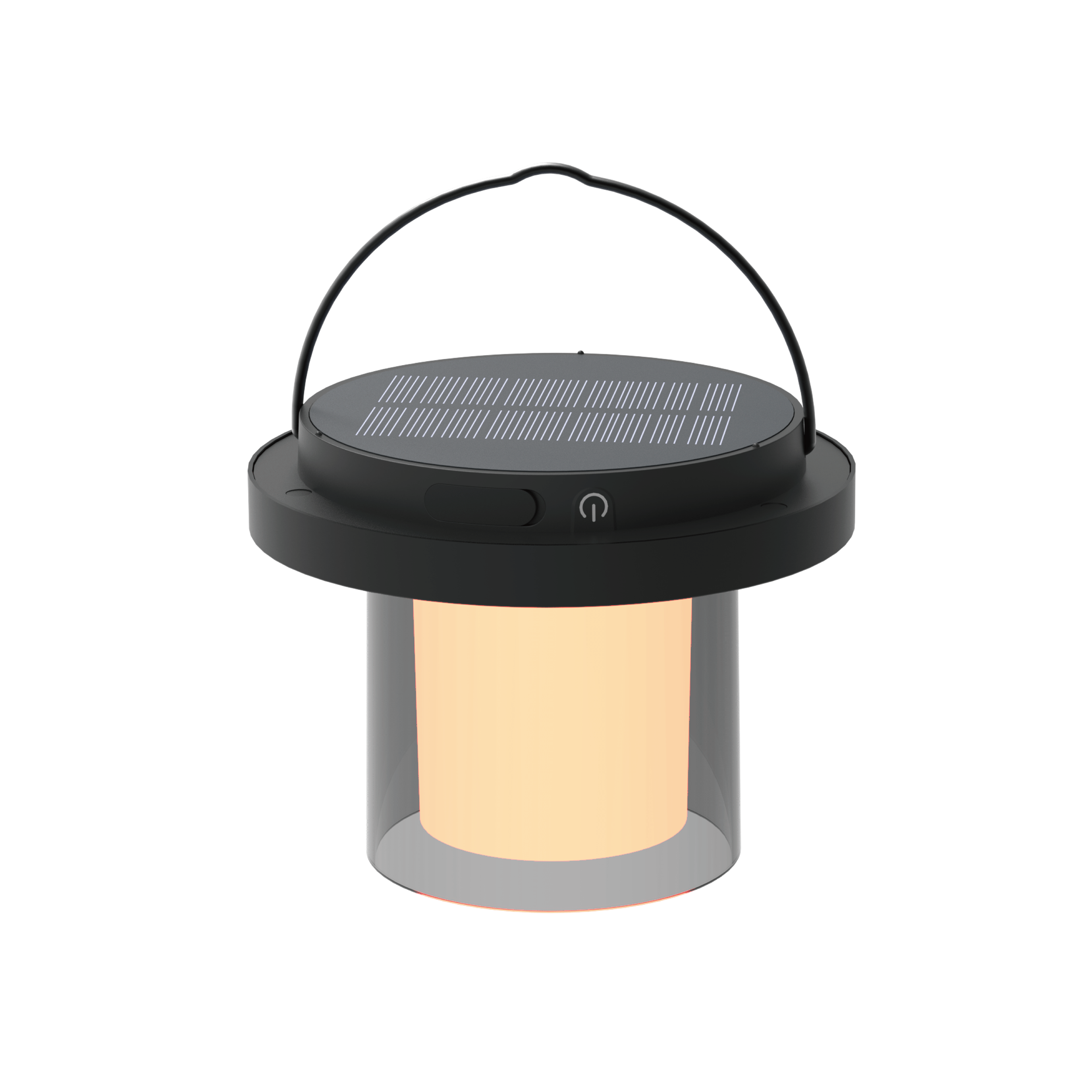 Eine schwarze solarbetriebene Laterne mit Griff. Sie hat einen transparenten Glaskylinder und ein beleuchtetes Licht.