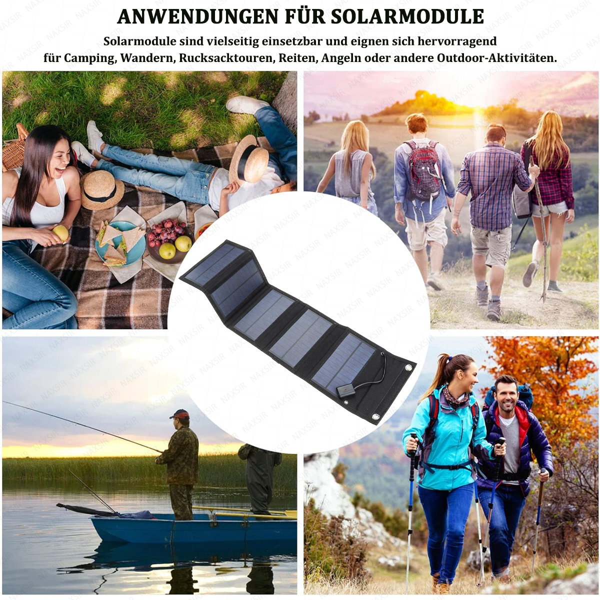Collage zeigt ein Solarpanel und Menschen, die Outdoor-Aktivitäten genießen: Camping, Wandern, Angeln und Spazierengehen.