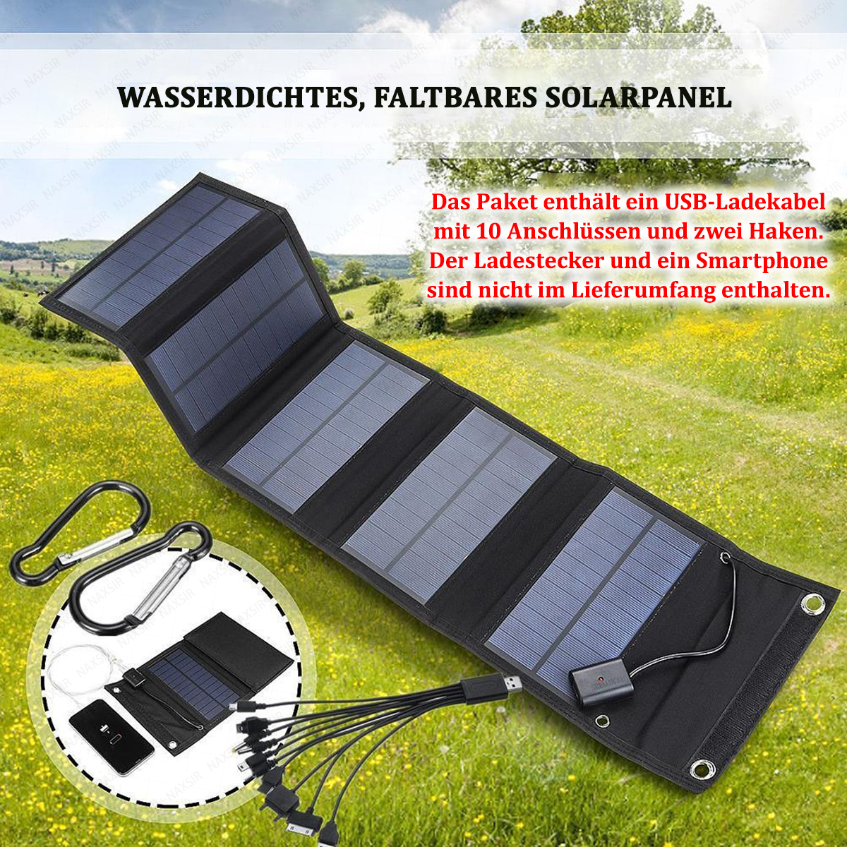 Faltbares Solarpanel mit USB-Kabel, Anschlüssen, zwei Haken und schwarzer Tragetasche auf Gras.