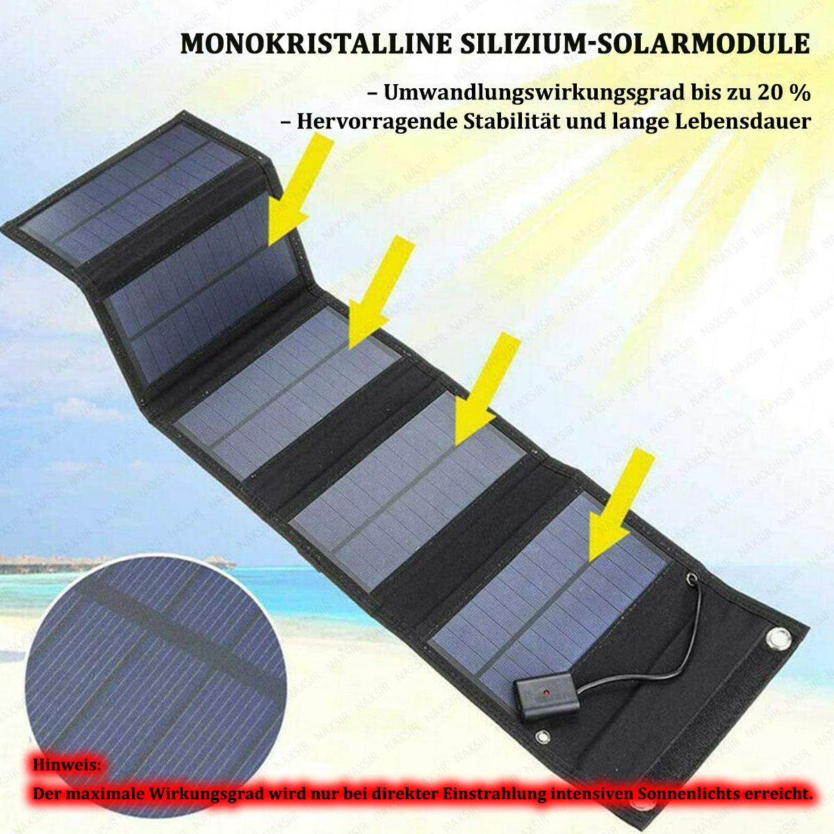 Faltbares Solarpanel, schwarzer Rahmen, blaue Solarzellen. Gelbe Pfeile zeigen auf die Zellen. Text über Solarmodul.