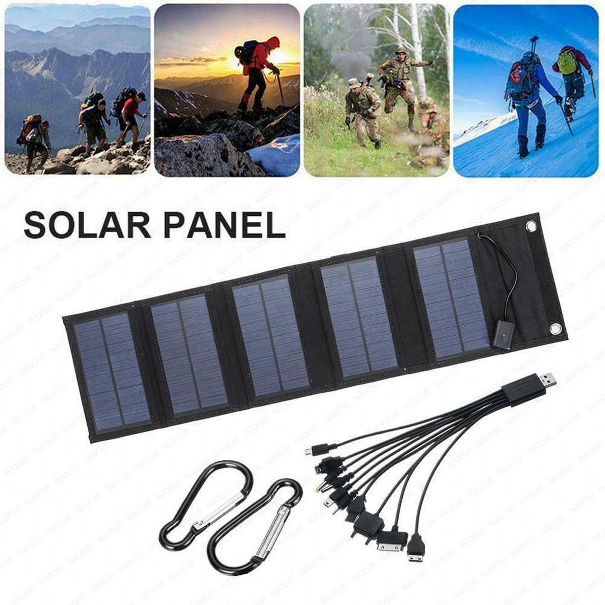 Faltbares Solarpanel mit Ladekabeln und Karabinerhaken. Obere Bilder zeigen Bergsteigen und Militärszenen.