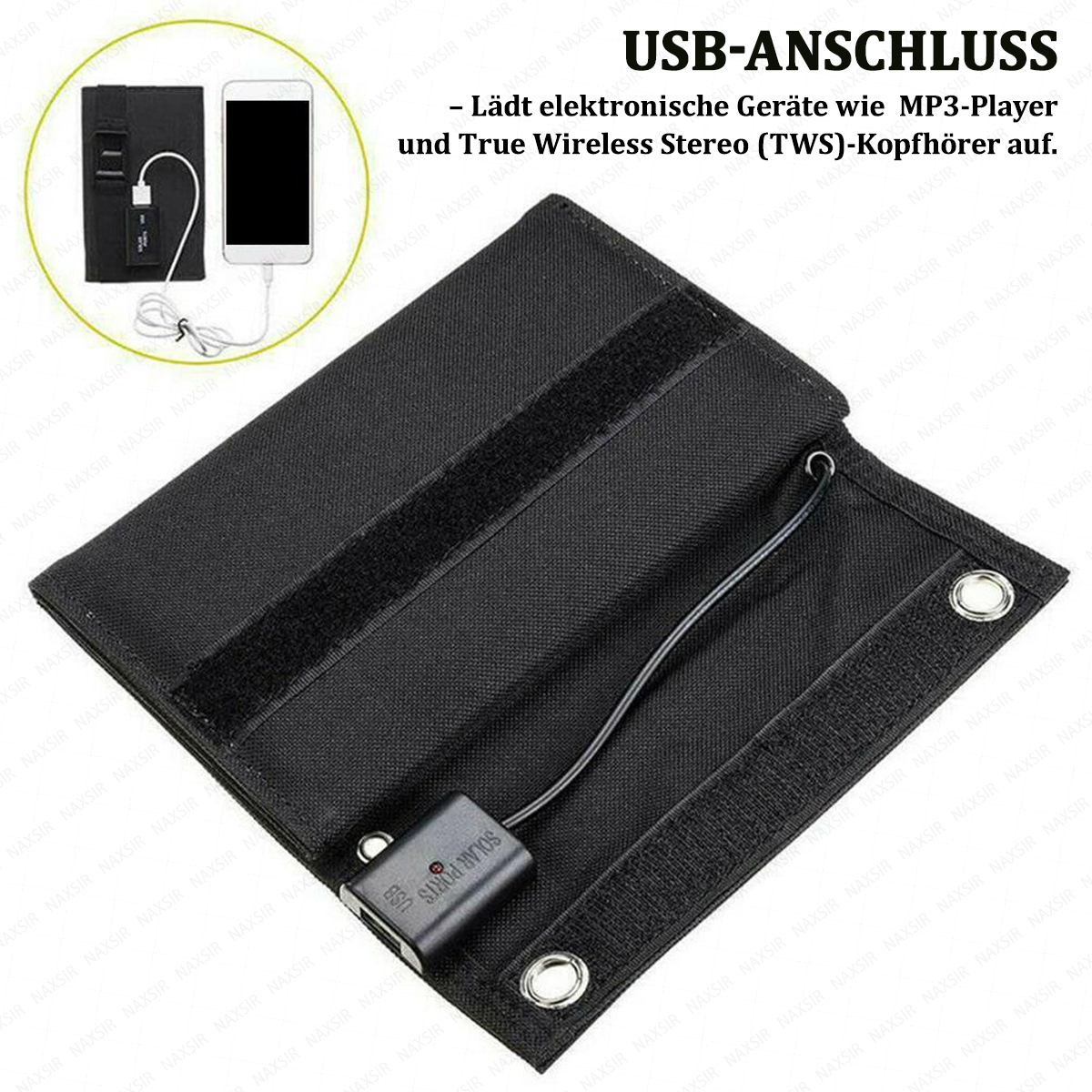 Schwarzes Solarpanel mit USB-Anschluss, lädt ein Telefon. Text: USB-Anschluss lädt Geräte wie MP3-Player und Kopfhörer.