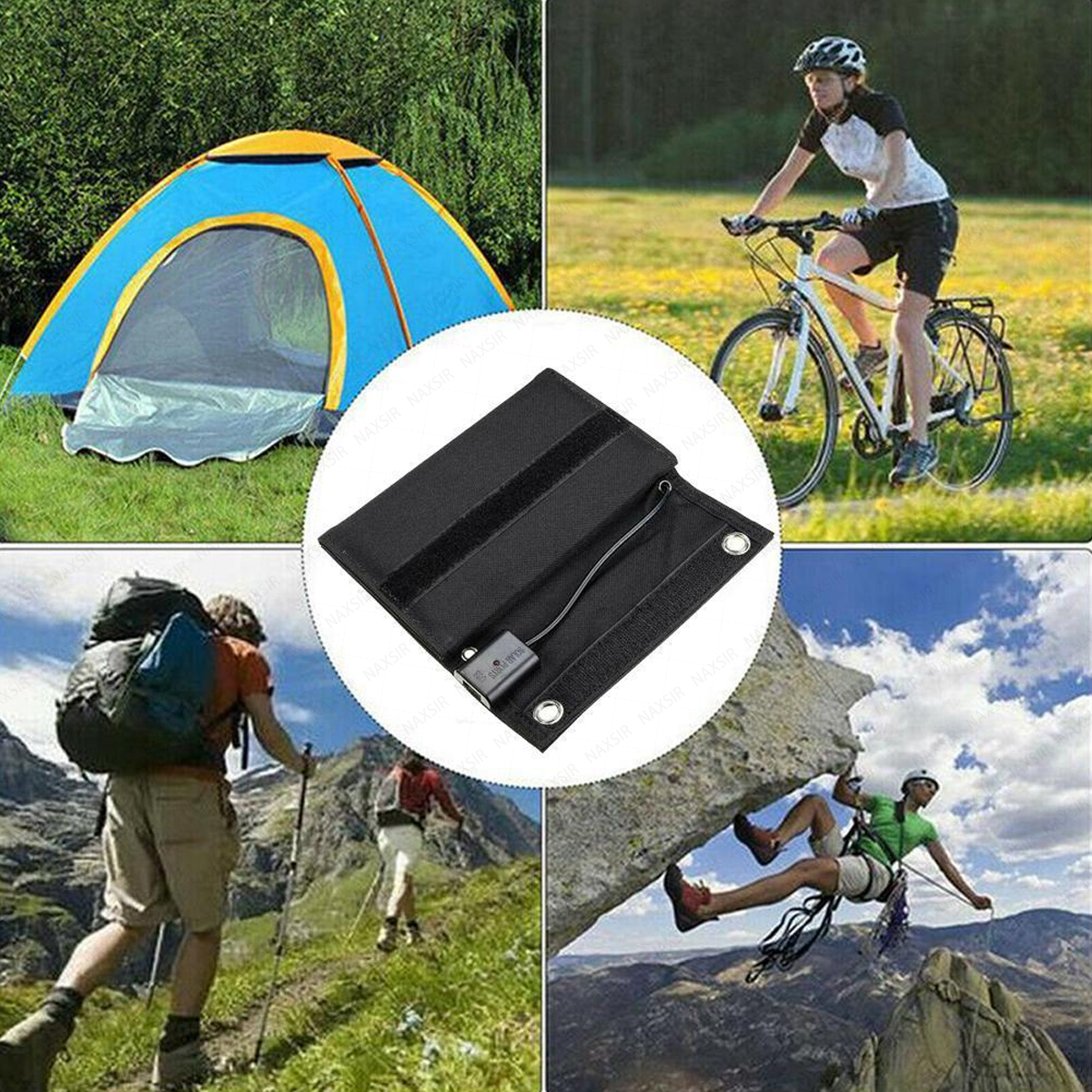 Collage von Outdoor-Aktivitäten: Campingzelt, Radfahrer, Wanderer und Kletterer, neben einem schwarzen Solarpanel.