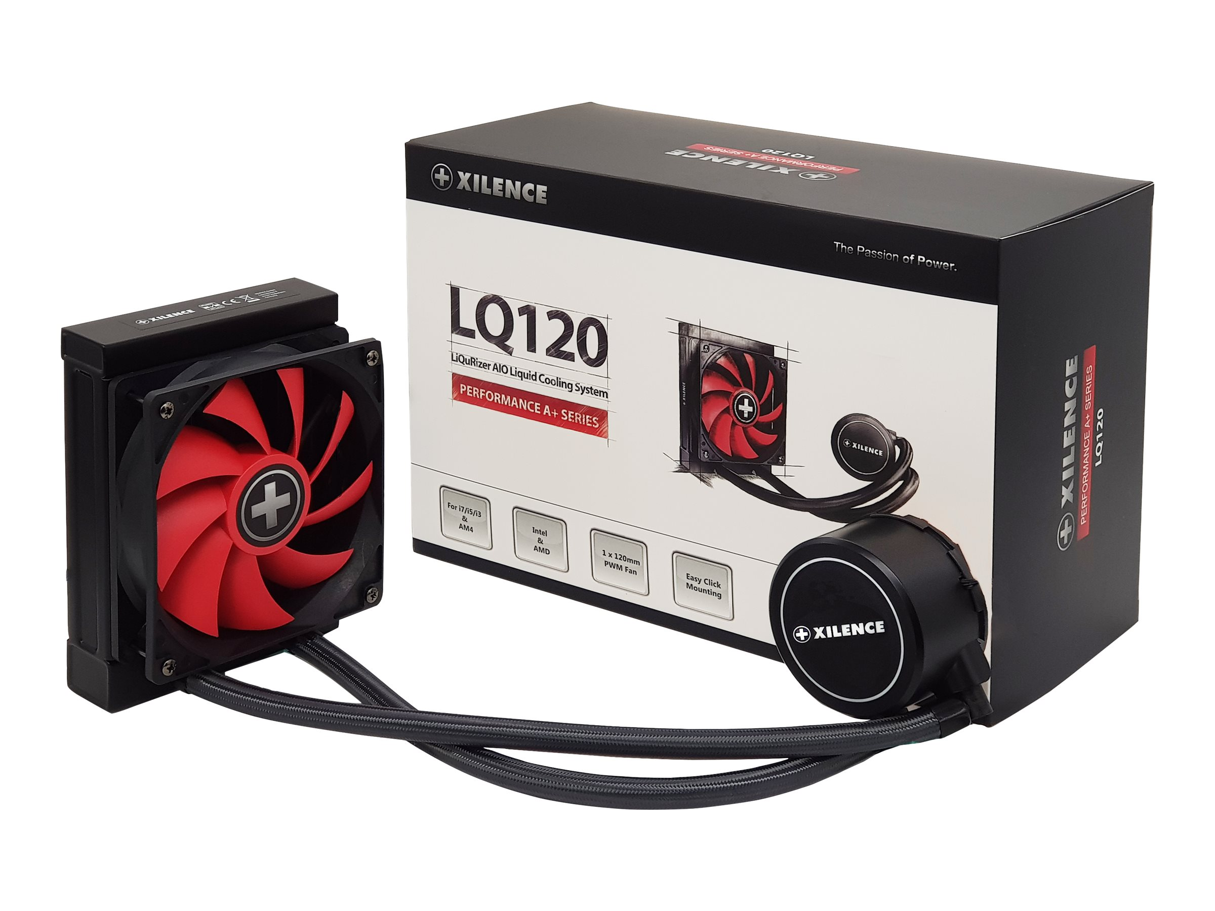 Ein Computer-Flüssigkeitskühlsystem mit schwarzem Kühler und rotem Lüfter. Auf der Box steht LQ120 und XILENCE.