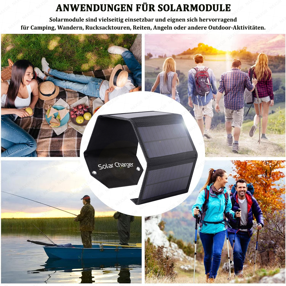 Collage mit Solar-Ladegerät und Menschen beim Camping, Wandern, Gehen und Angeln. Text auf Deutsch oben.