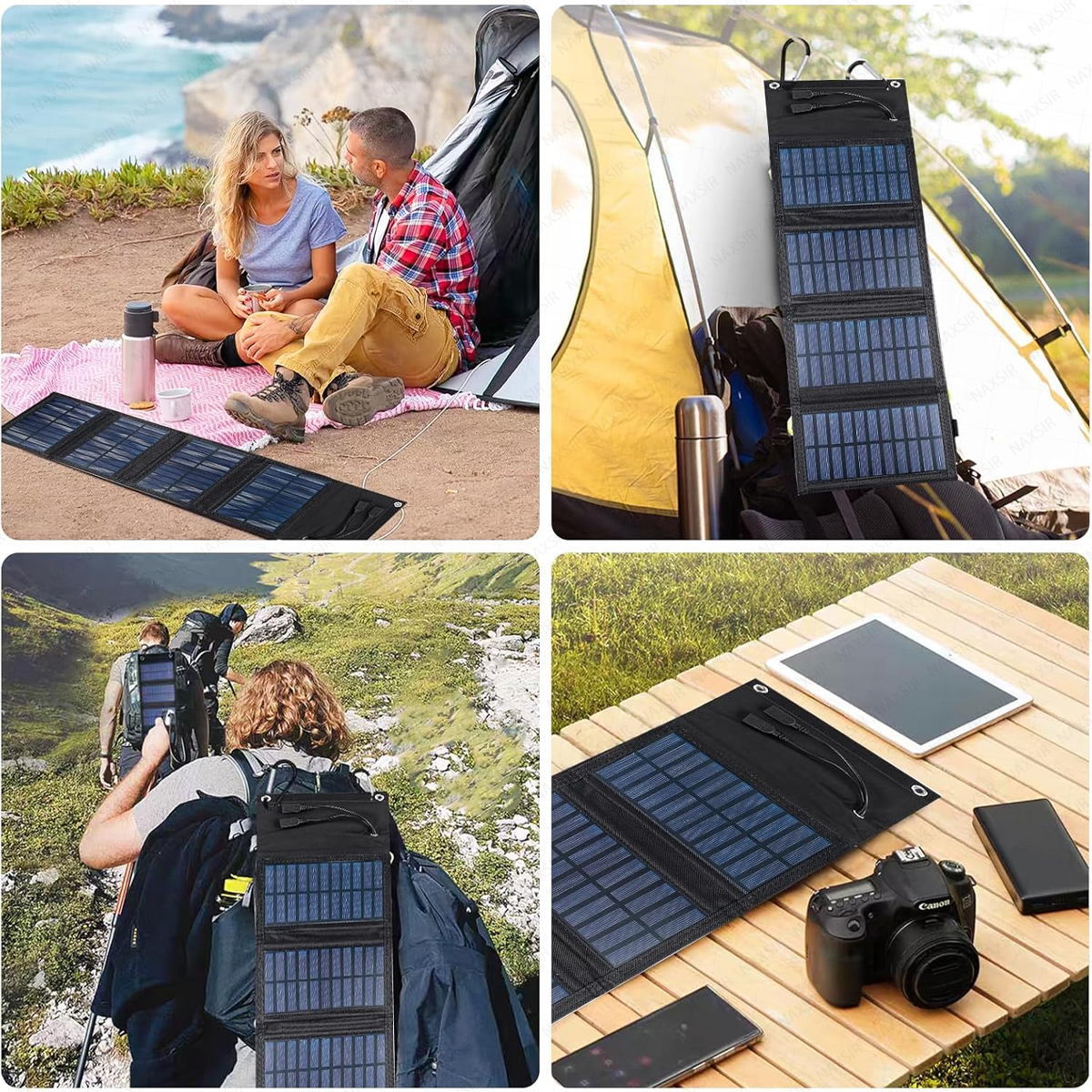 Ein Solarpanel, ein Paar, ein Zelt und Wanderer sind abgebildet. Eine Kamera, ein Tablet und Smartphones liegen auf einem Holztisch.
