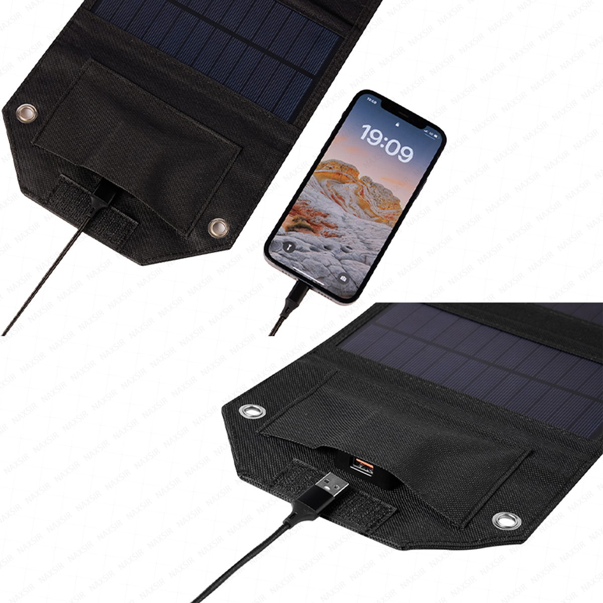 Schwarzes Solarpanel lädt ein Telefon. Telefon zeigt 19:09. Kabel verbinden Telefon und Panel.