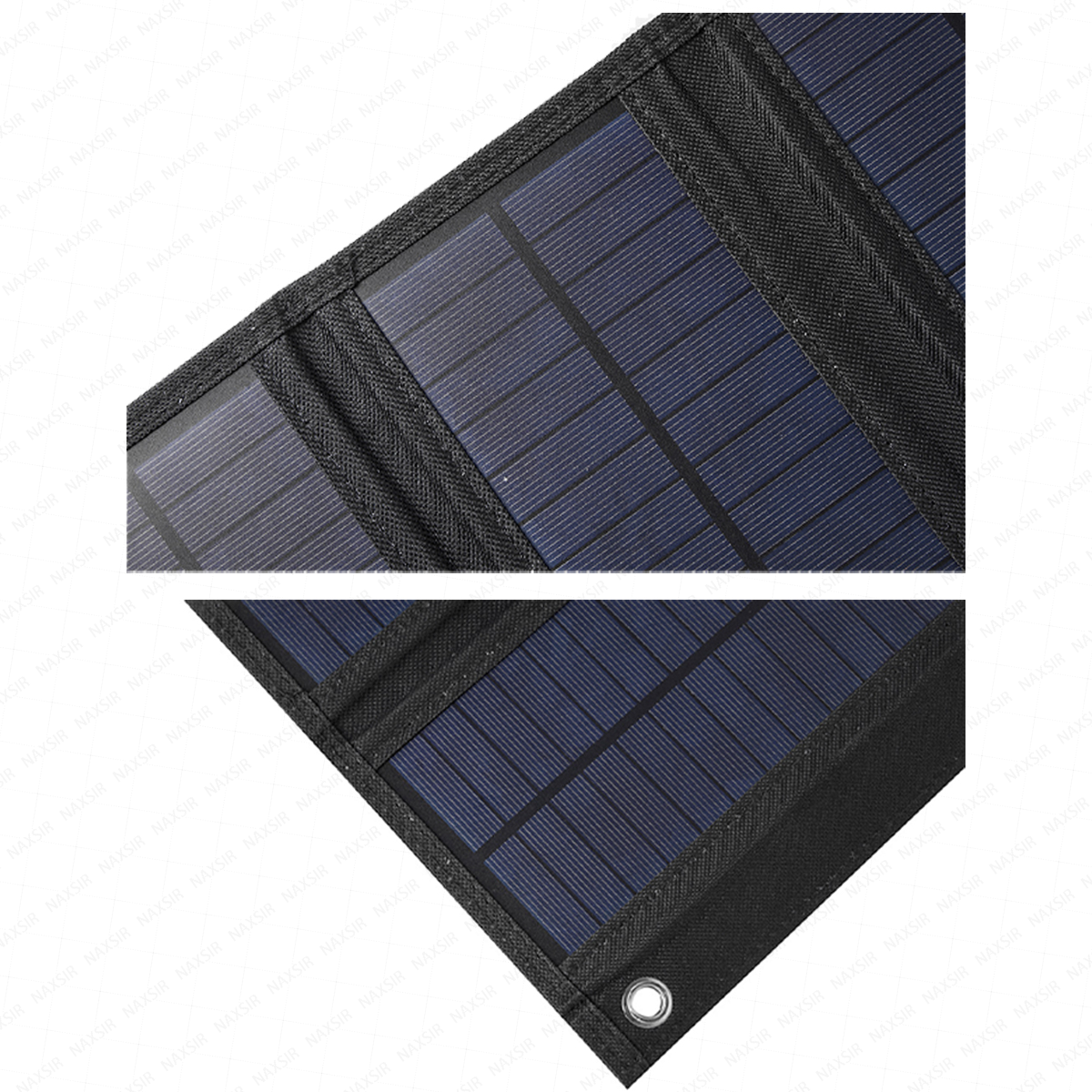 Nahaufnahme eines gefalteten Solarpanels. Schwarzer Rahmen, blaue Solarzellen. Öse in der Ecke. Textur sichtbar.