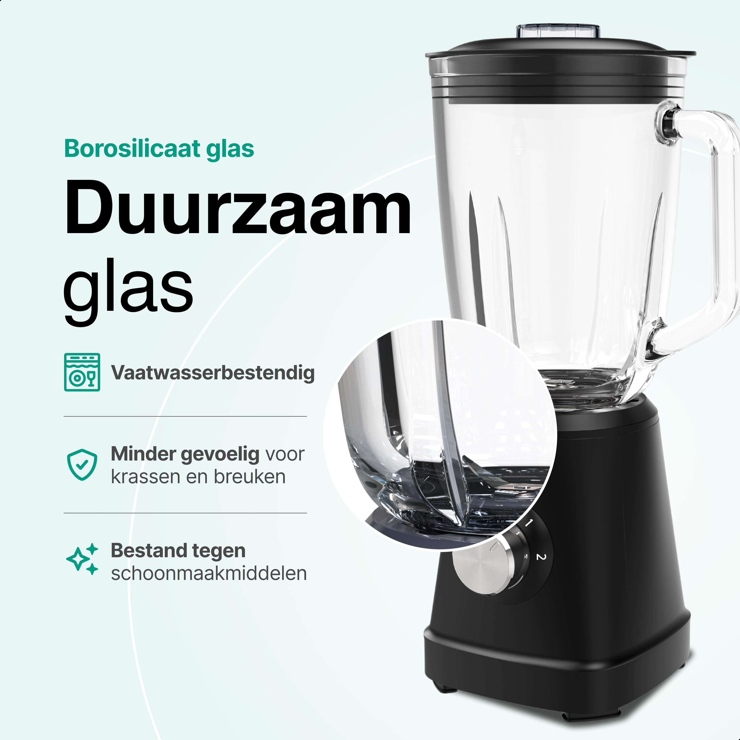 A black blender with a glass jar is displayed. Text indicates dishwasher safe, durable glass, and scratch resistance.