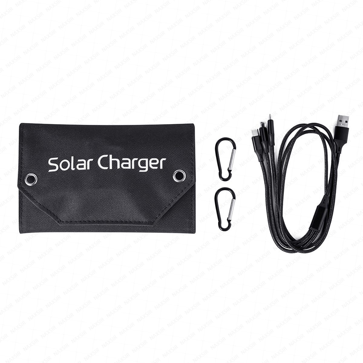Ein schwarzes Solar-Ladegerät-Set mit faltbarem Beutel, Karabinern und Ladekabeln.