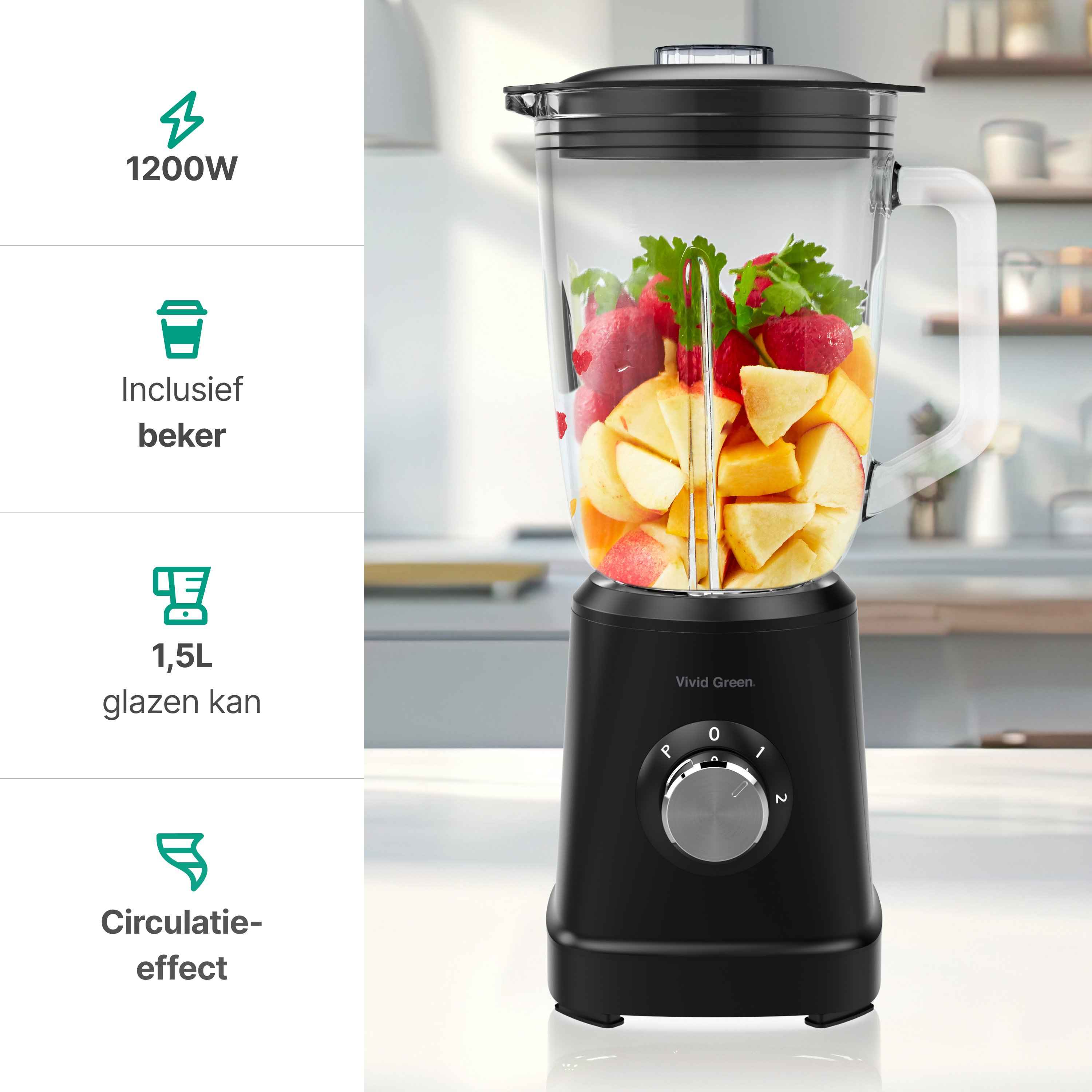 A black blender with fruit inside. Features include 1200W, a 1.5L glass jar, and circulation effect.