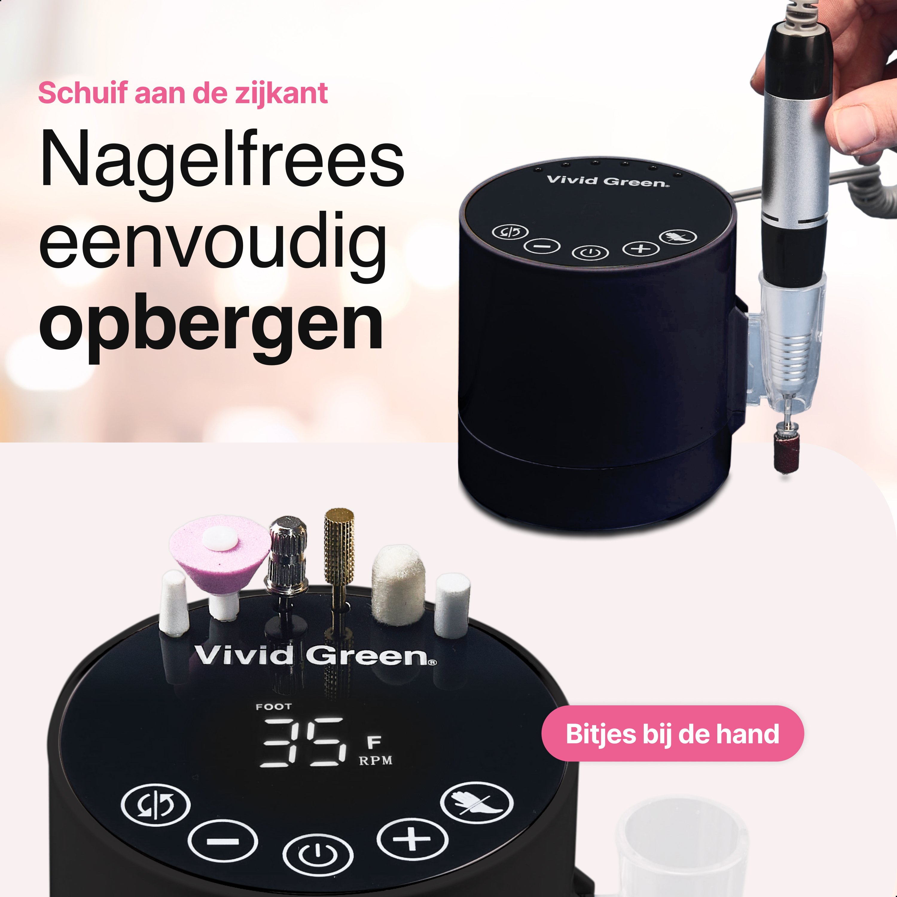 A black nail drill with bits, a digital display, and text that says 'Vivid Green'. Bits are shown nearby.