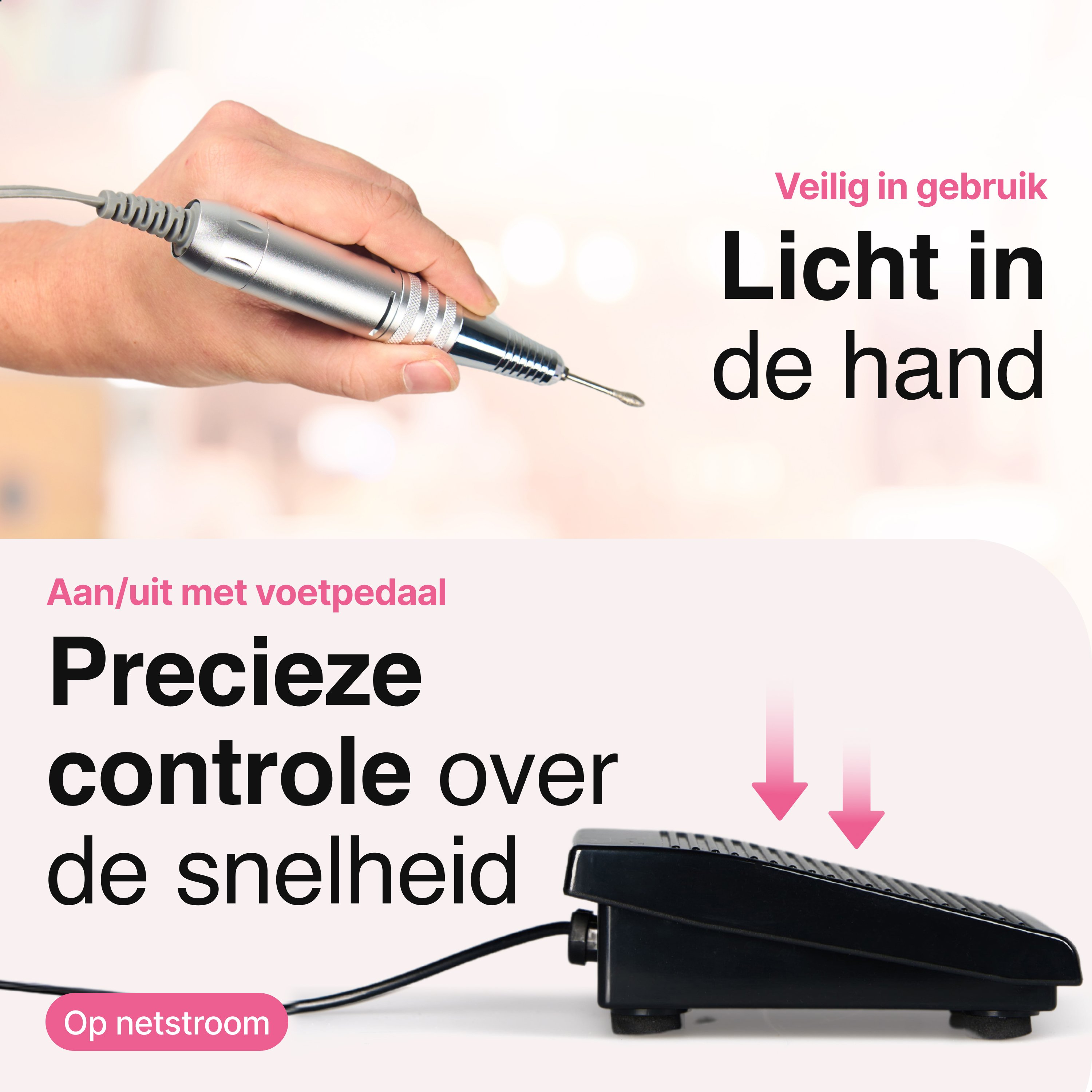 A hand holds a silver nail drill, with a black foot pedal below. Text says: Precise speed control and safe use.